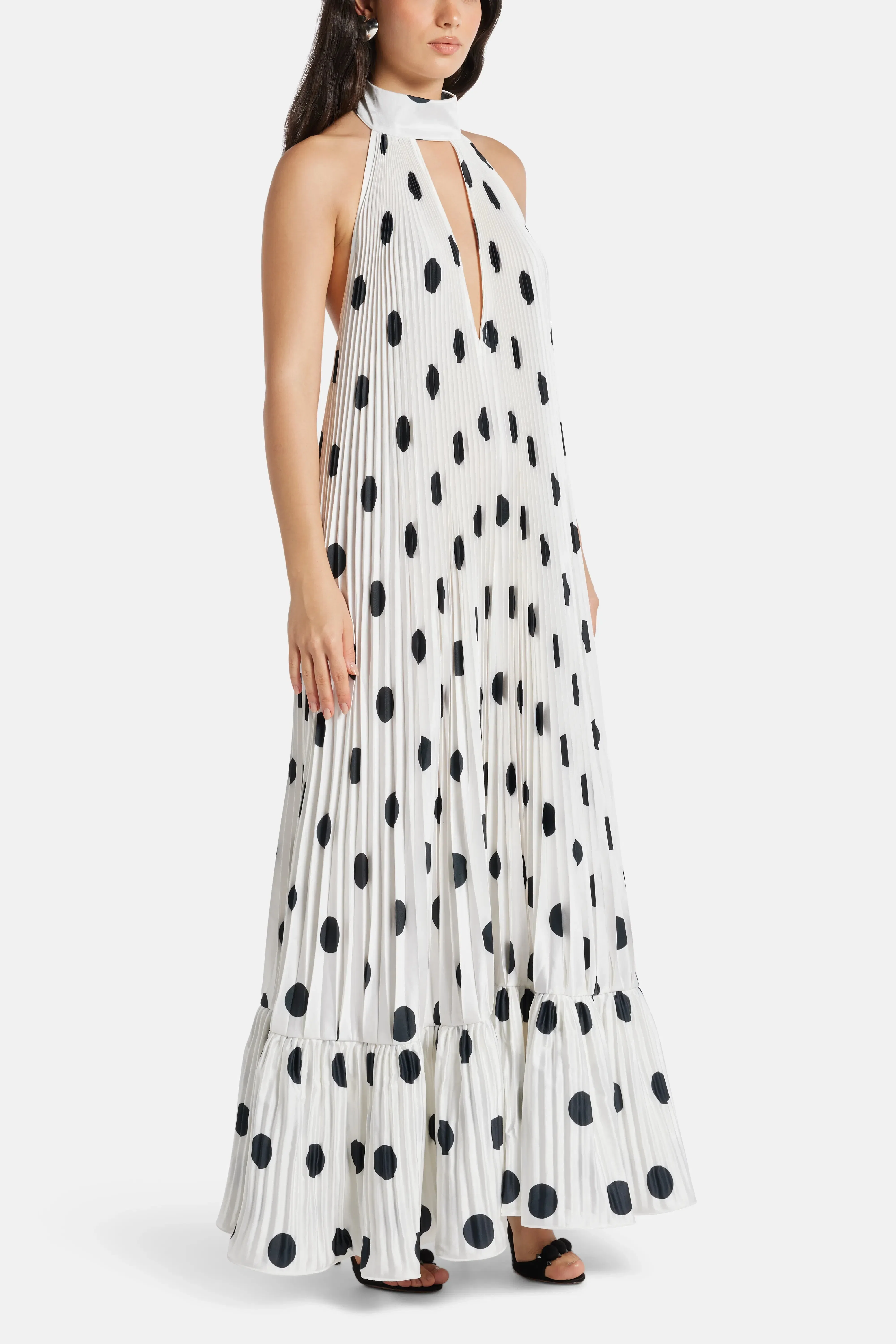 L'IDÉE Libertie Polka Dot Sleeveless Pleated Evening Dress in White