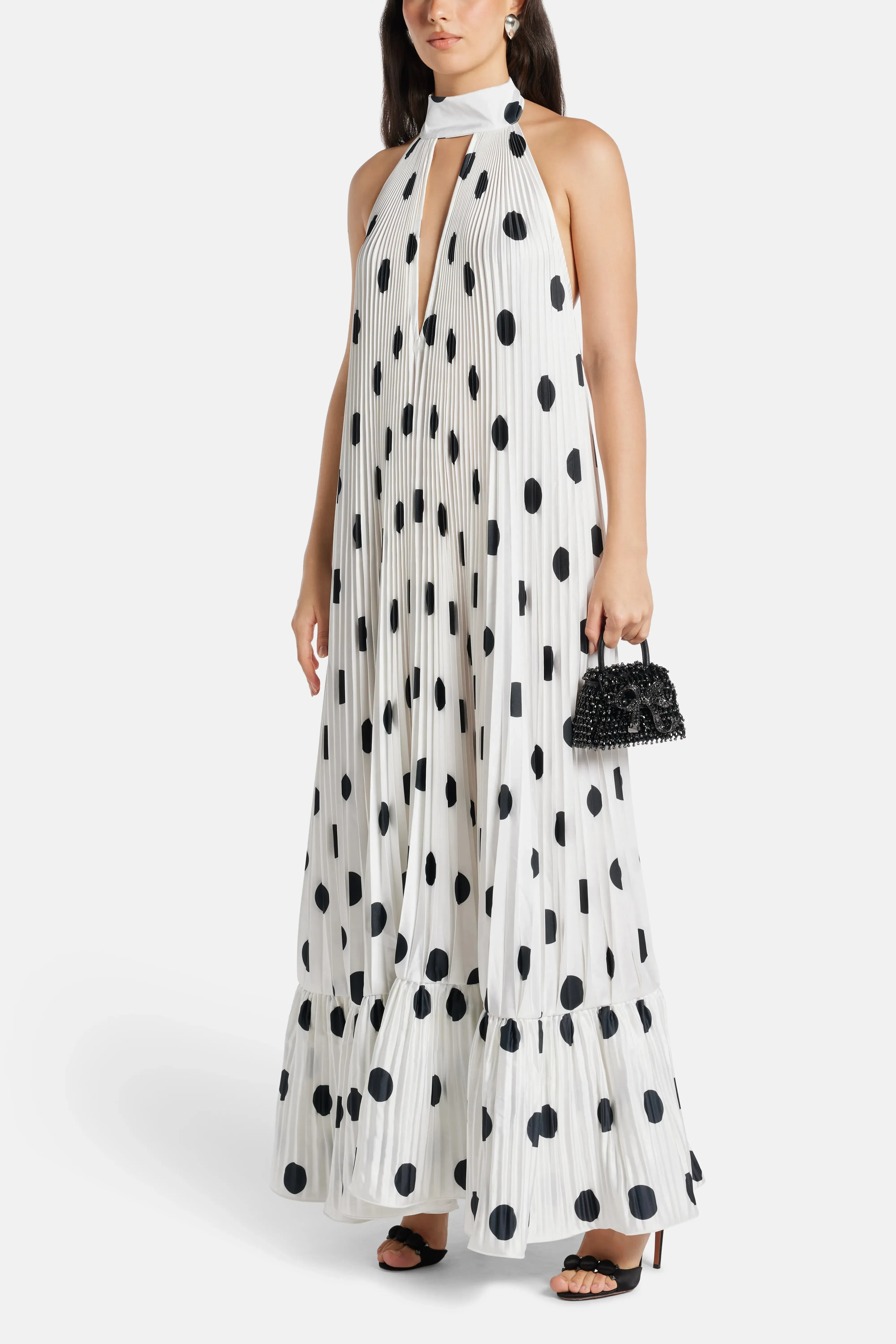 L'IDÉE Libertie Polka Dot Sleeveless Pleated Evening Dress in White