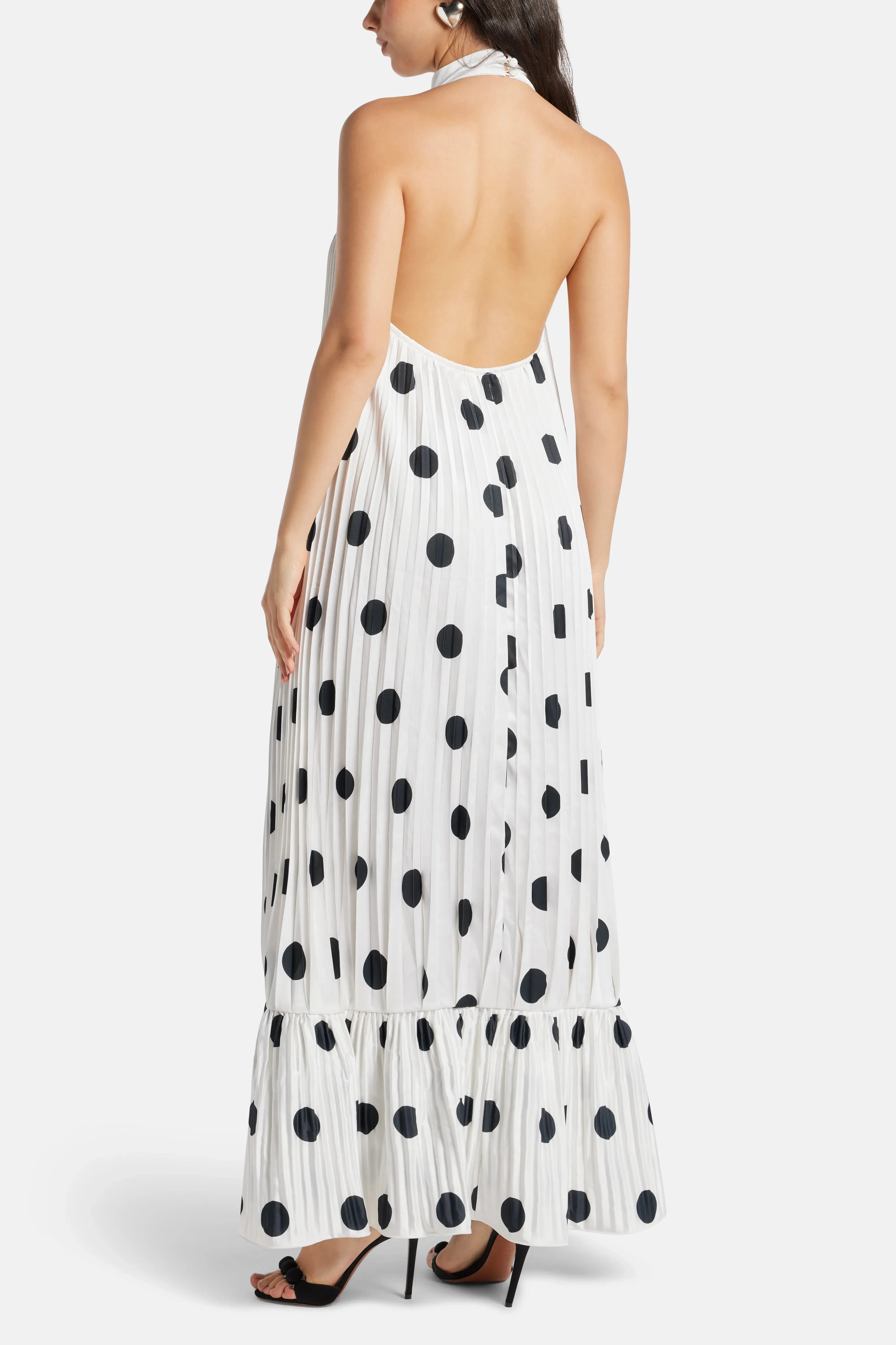 L'IDÉE Libertie Polka Dot Sleeveless Pleated Evening Dress in White