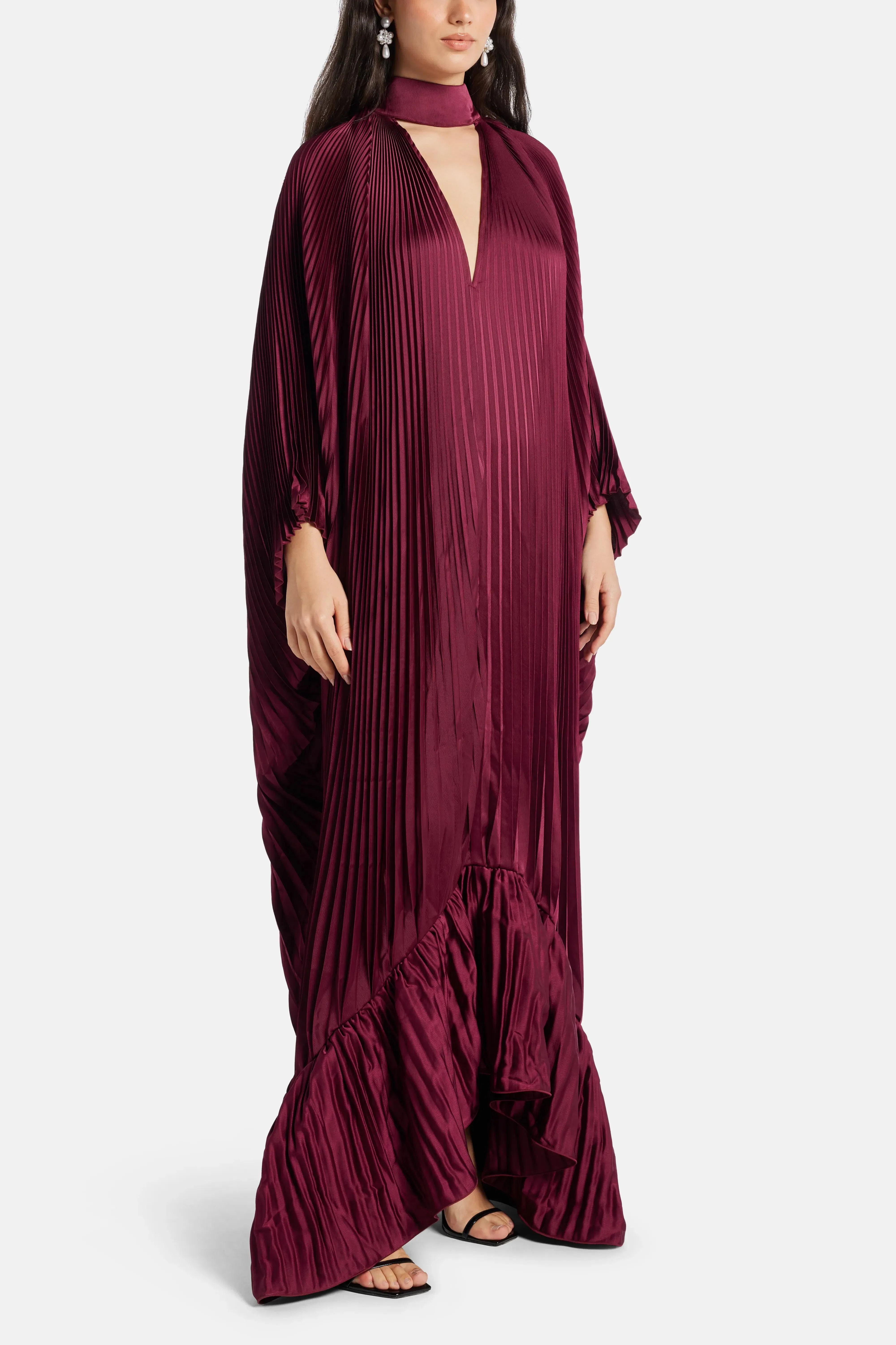 L'IDÉE Empire Pleated Evening Dress in Burgundy