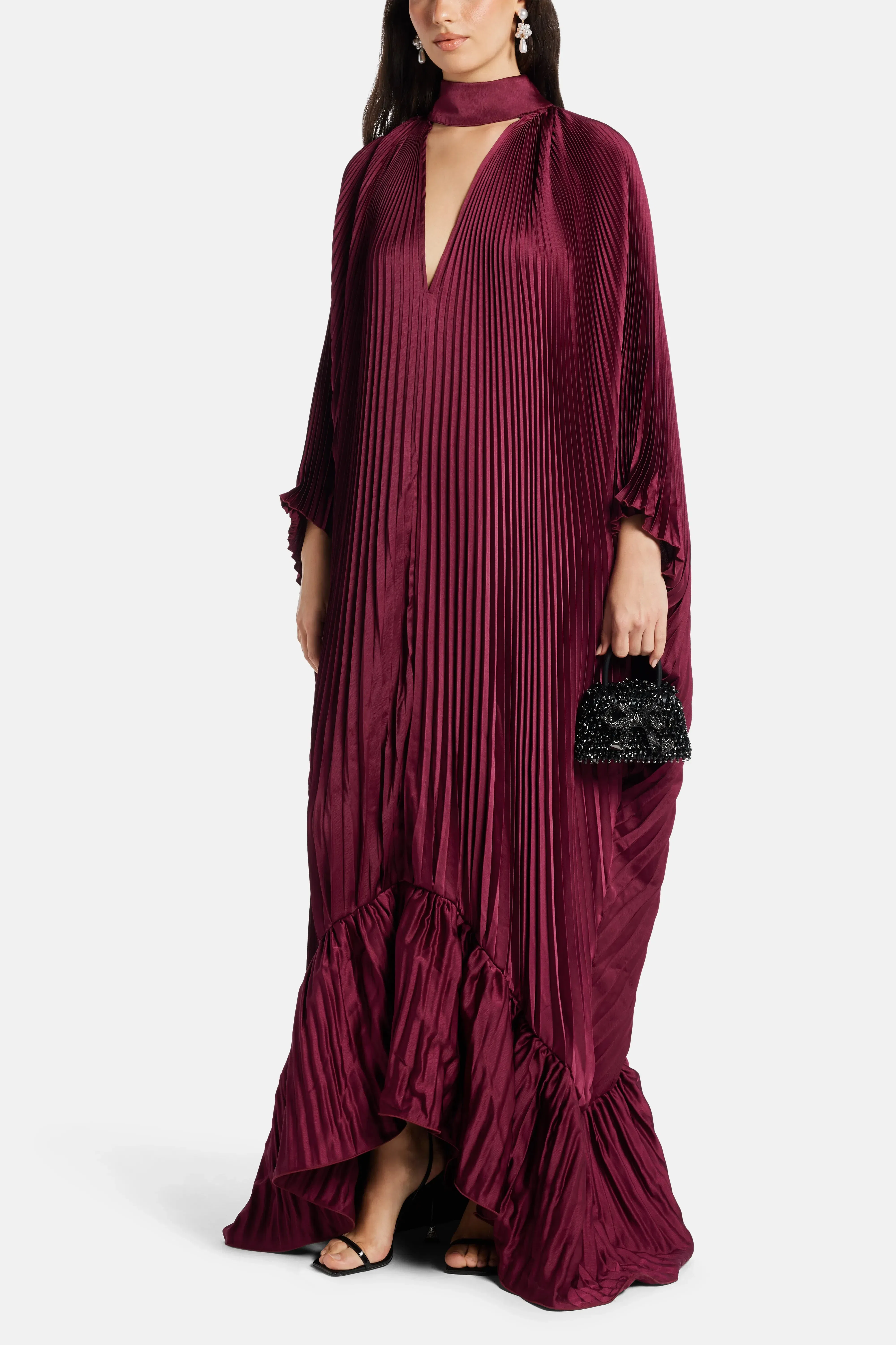 L'IDÉE Empire Pleated Evening Dress in Burgundy