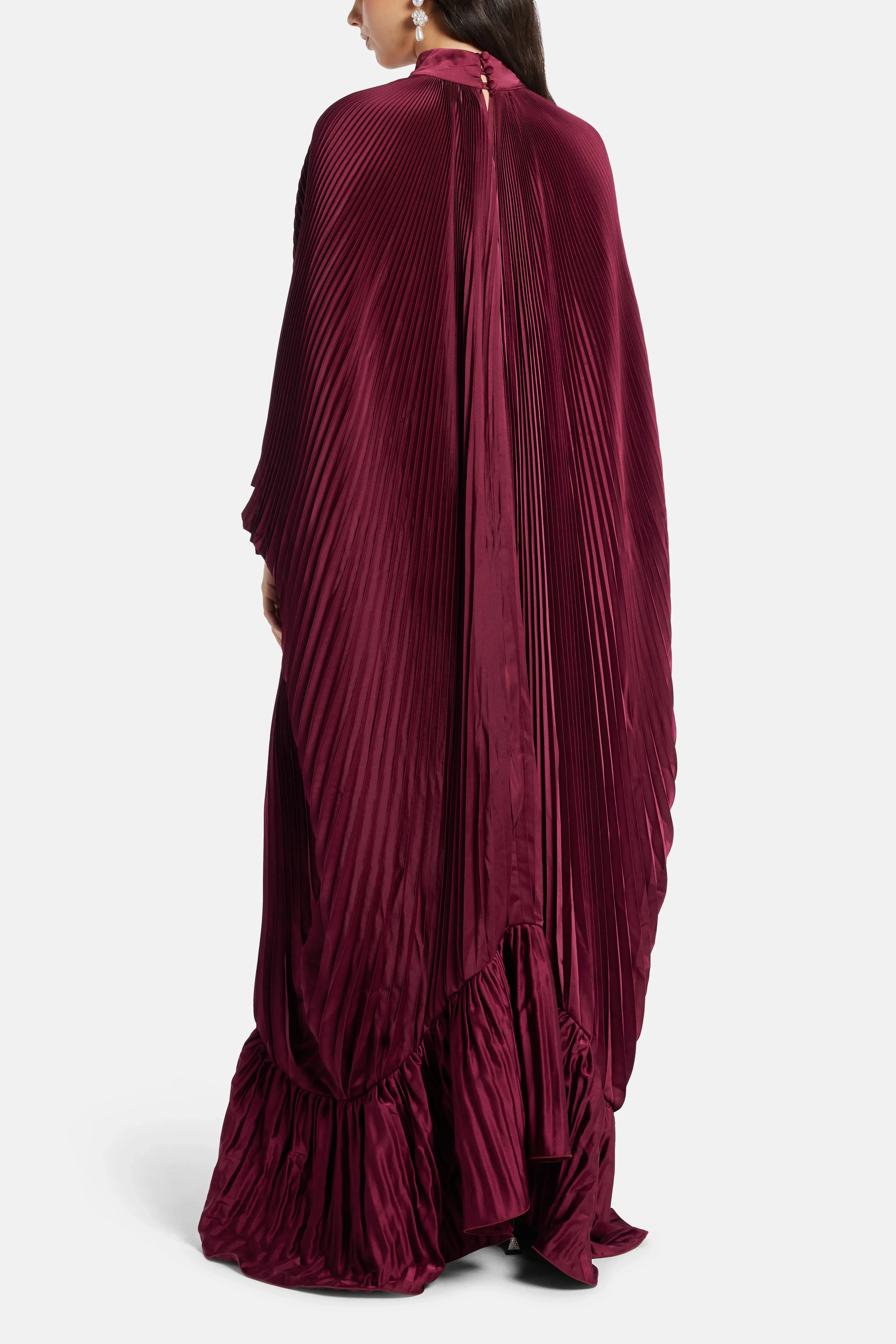 L'IDÉE Empire Pleated Evening Dress in Burgundy