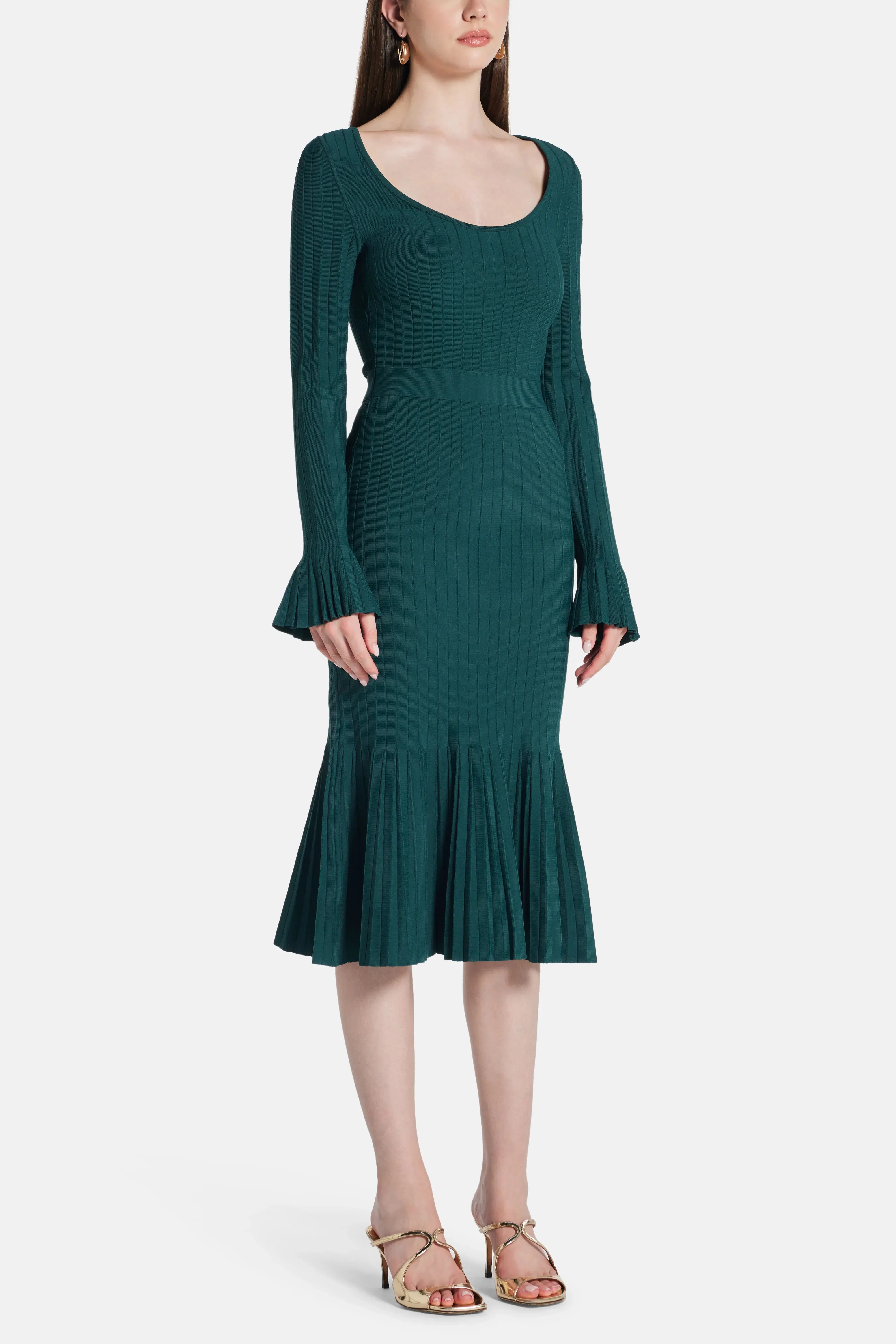 Hervé Léger Alena Long Sleeves Knit Bandage Midi Dress in Green