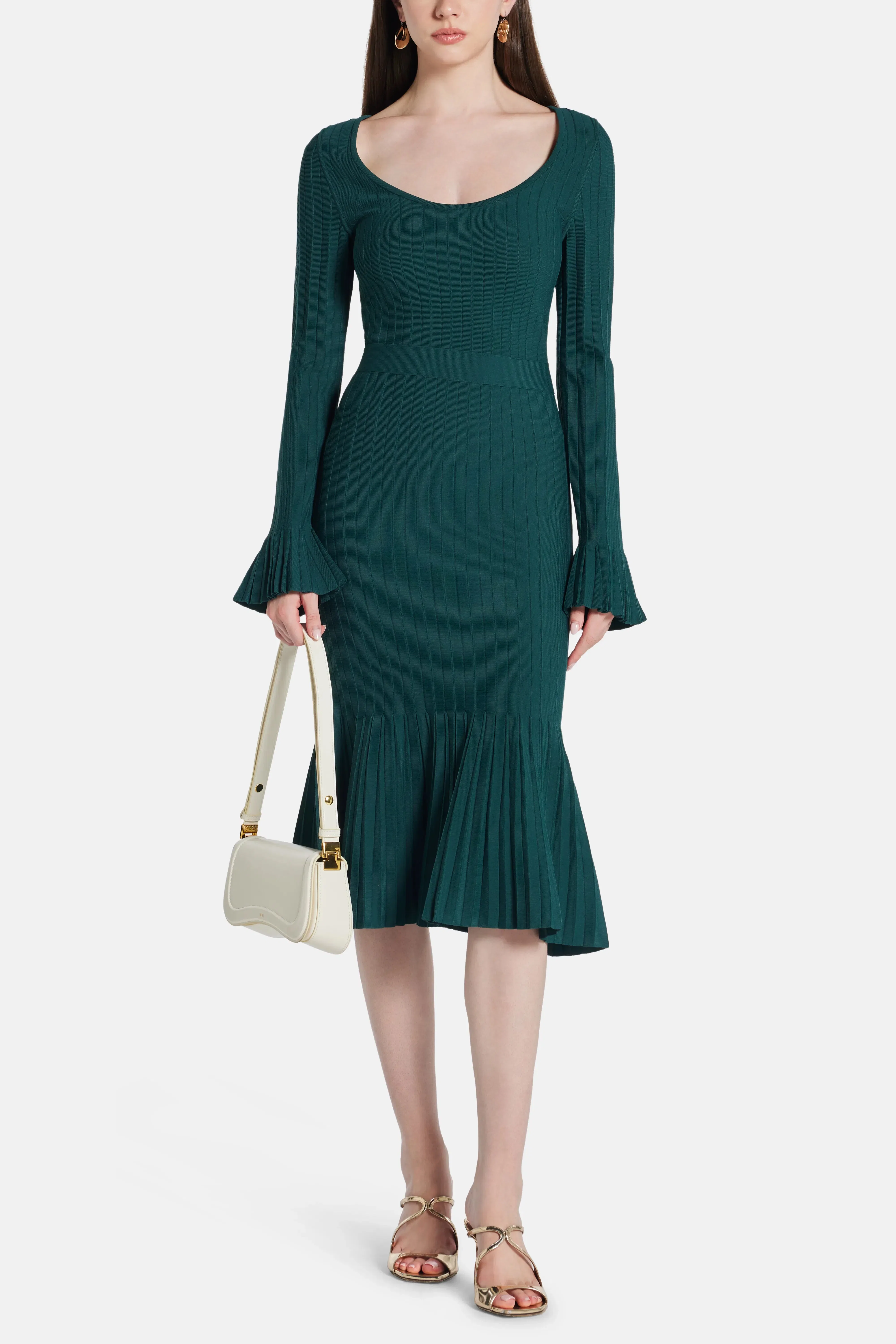 Hervé Léger Alena Long Sleeves Knit Bandage Midi Dress in Green