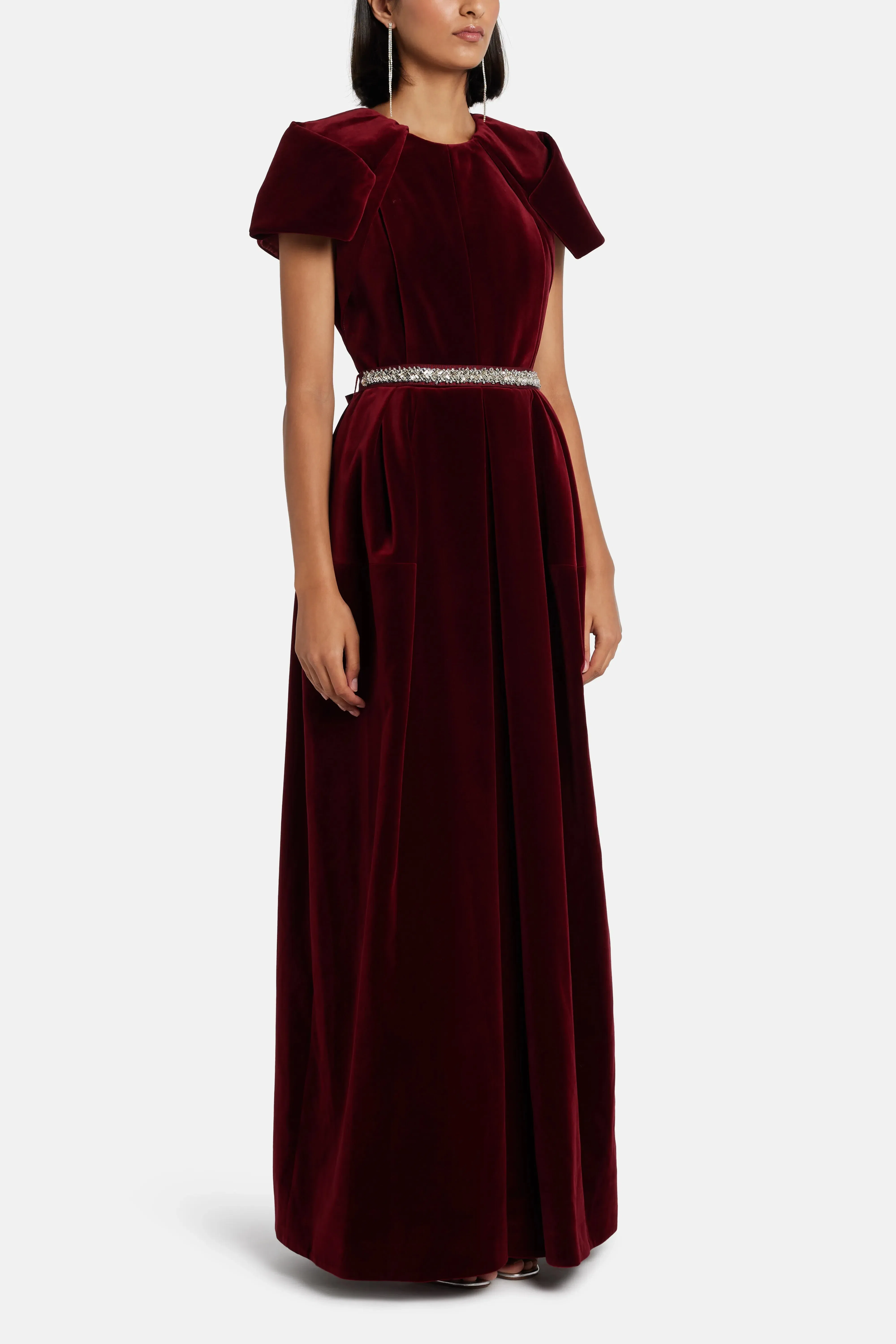 Dice Kayek Velvet Evening Dress in Maroon with Crystal Belt