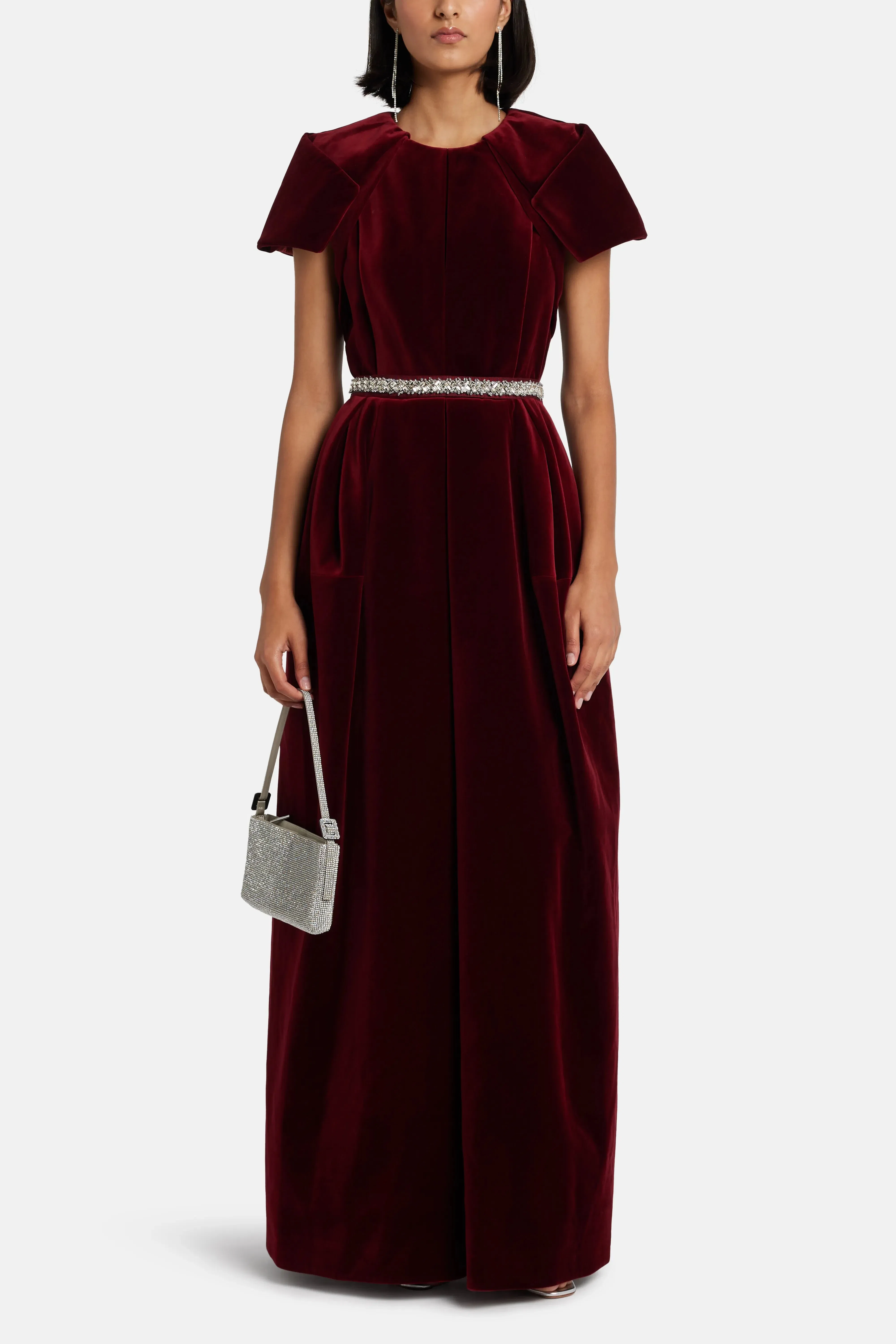 Dice Kayek Velvet Evening Dress in Maroon with Crystal Belt