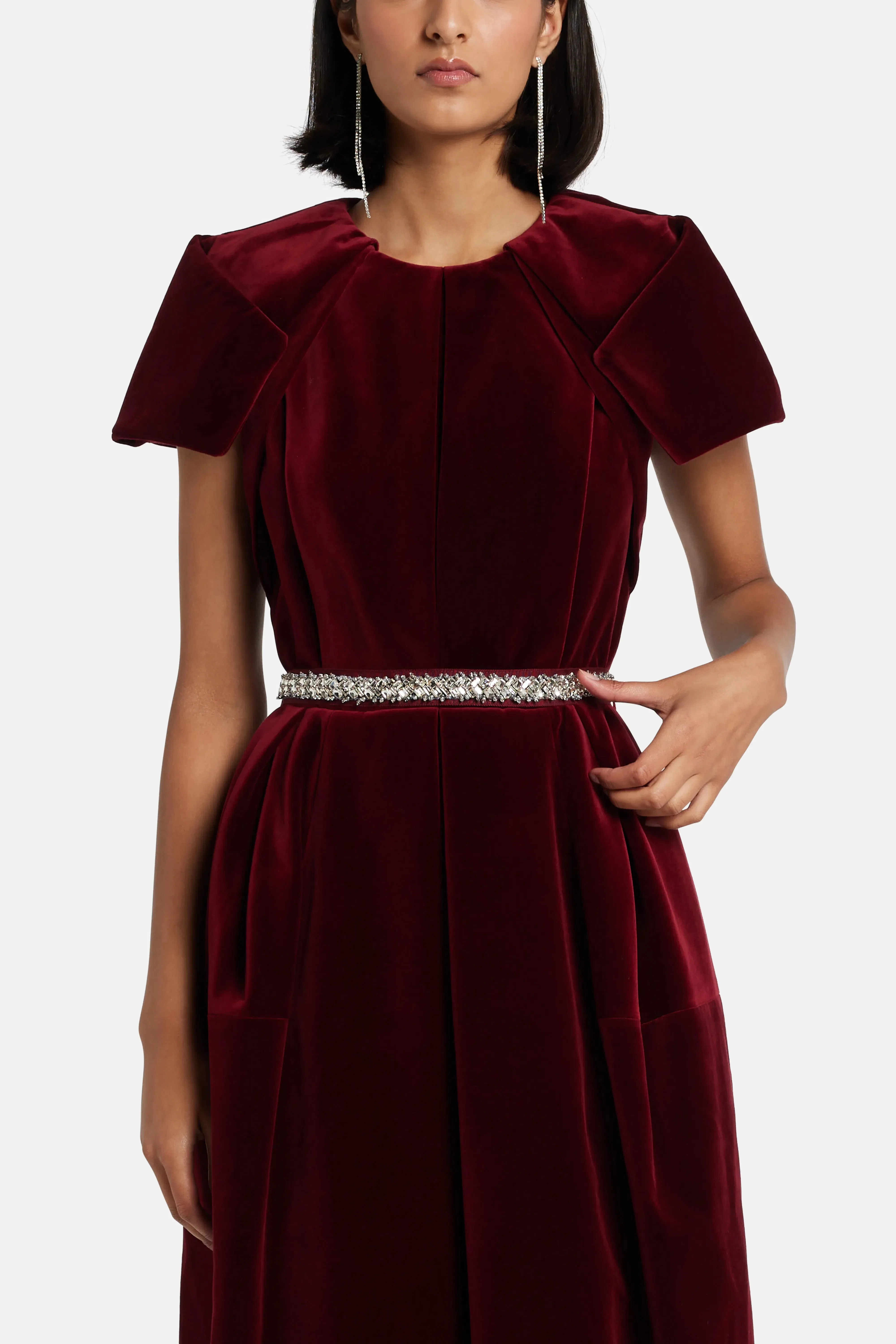 Dice Kayek Velvet Evening Dress in Maroon with Crystal Belt