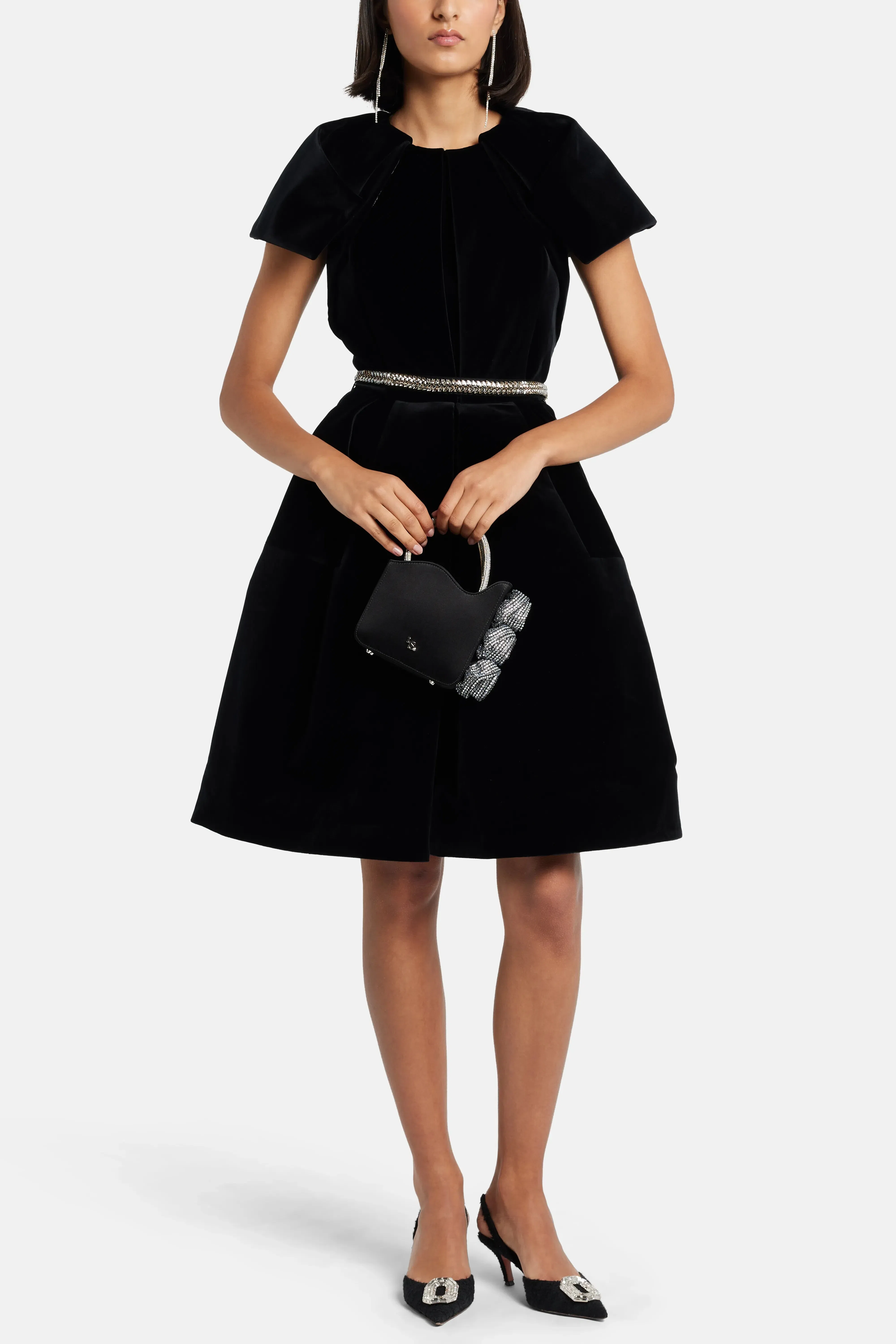 Dice Kayek Velvet Mini Dress in Black with Crystal Belt