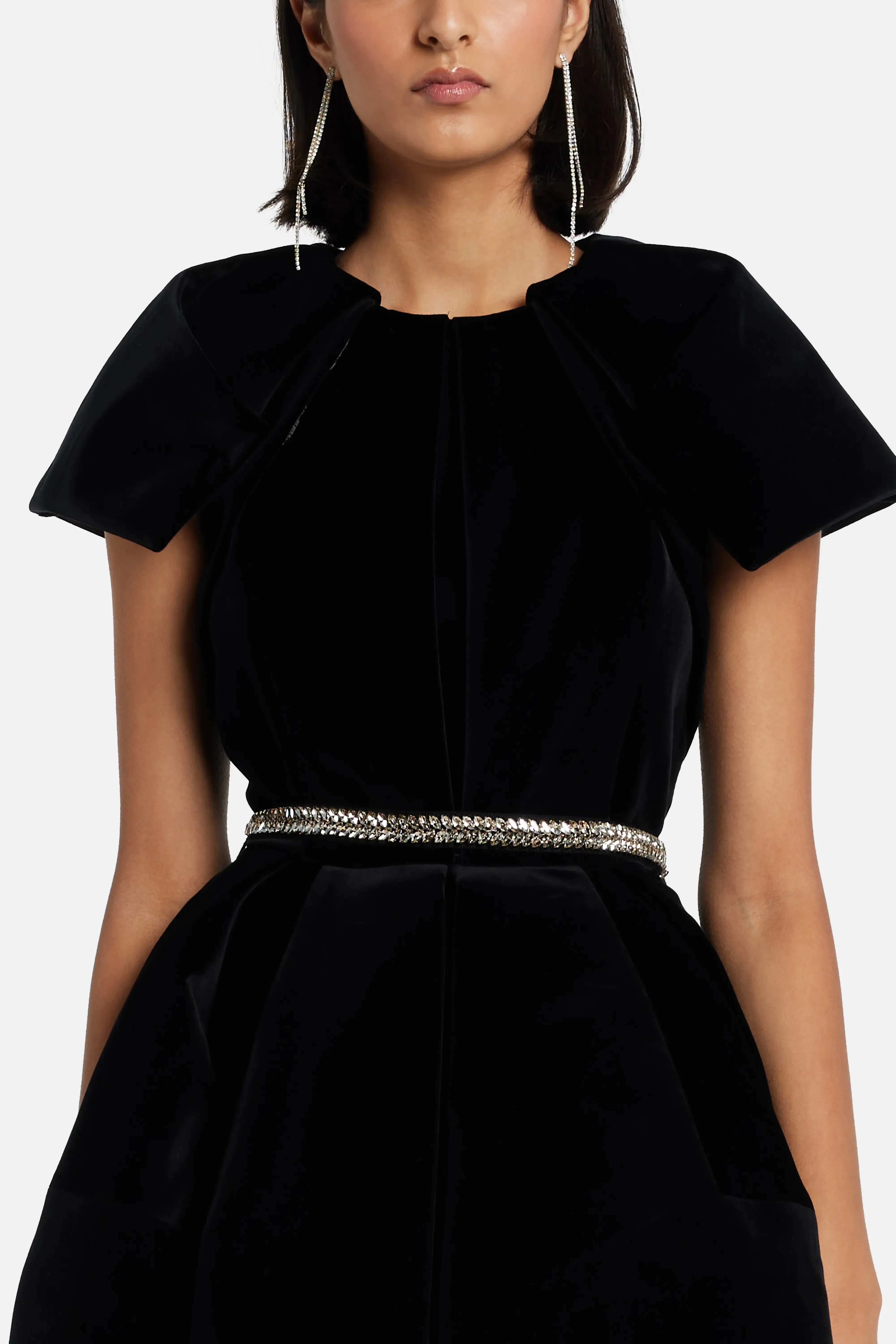Dice Kayek Velvet Mini Dress in Black with Crystal Belt