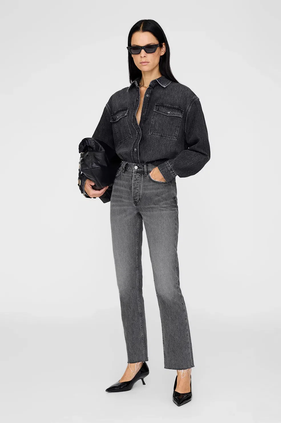 ANINE BING Paxton Denim Washed Cotton Shirt in Black