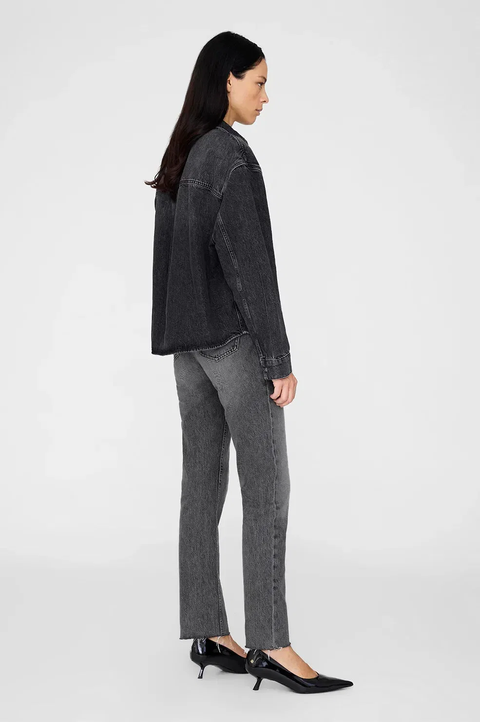 ANINE BING Paxton Denim Washed Cotton Shirt in Black