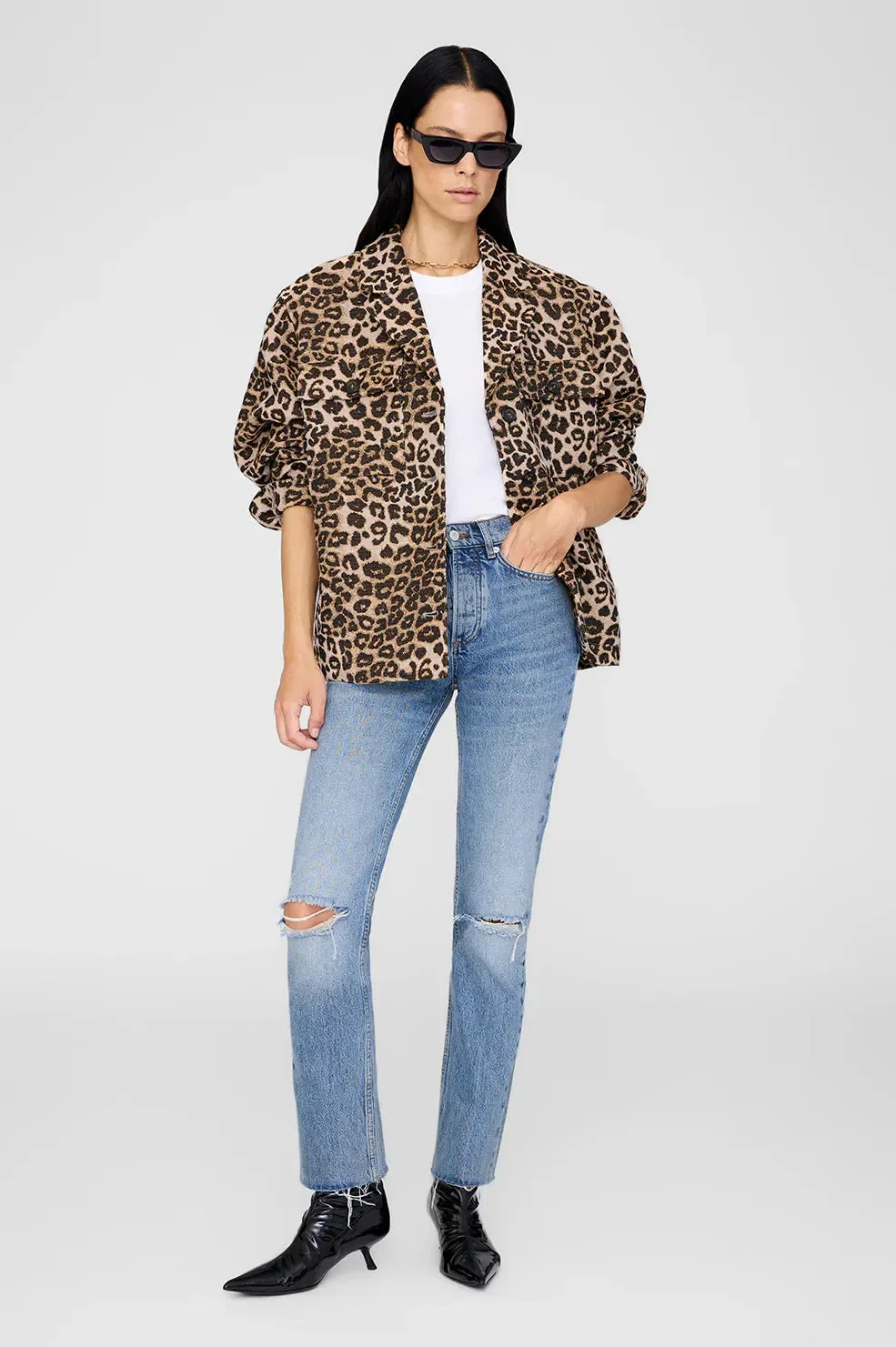 ANINE BING Flynn Leopard Print Cotton Jacket in Black