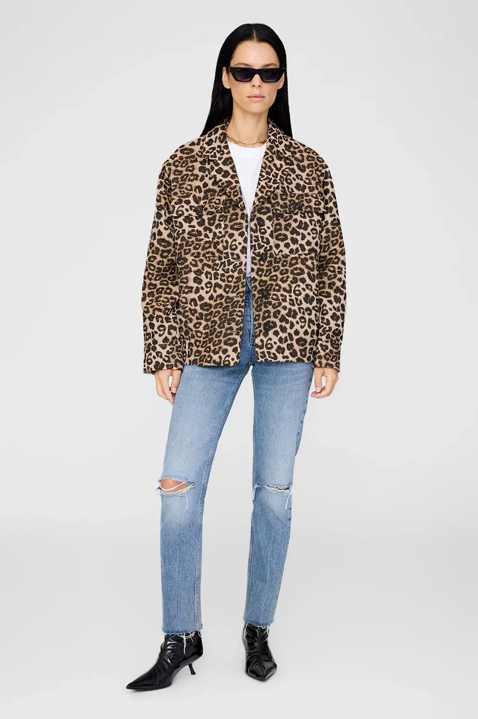 ANINE BING Flynn Leopard Print Cotton Jacket in Black
