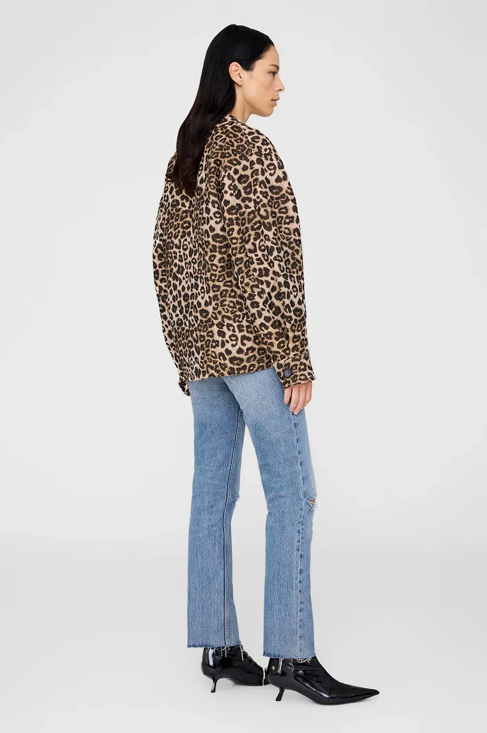 ANINE BING Flynn Leopard Print Cotton Jacket in Black