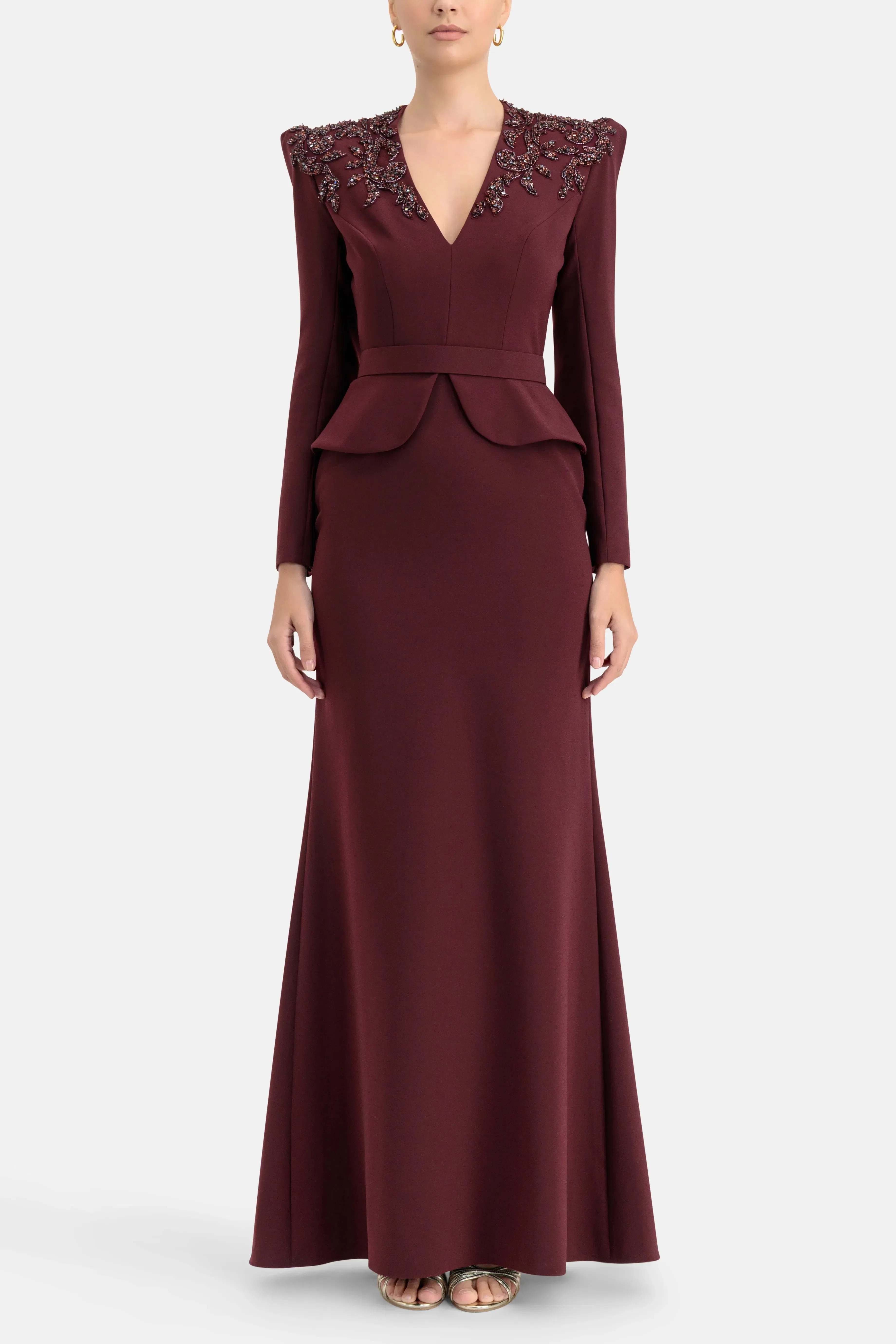 Jenny Packham Night Flowering Sequins Belted Evening Dress in Burgundy