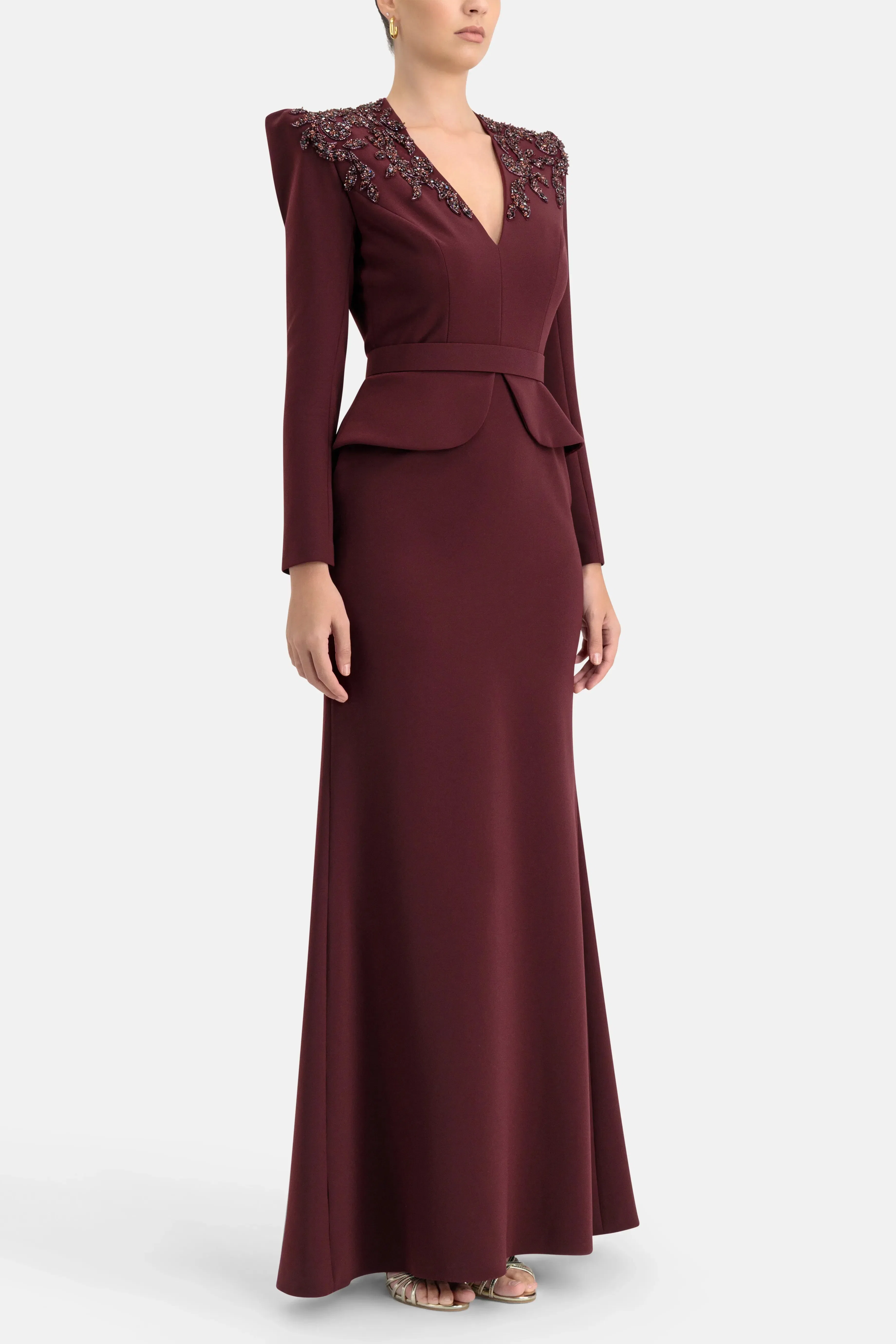 Jenny Packham Night Flowering Sequins Belted Evening Dress in Burgundy