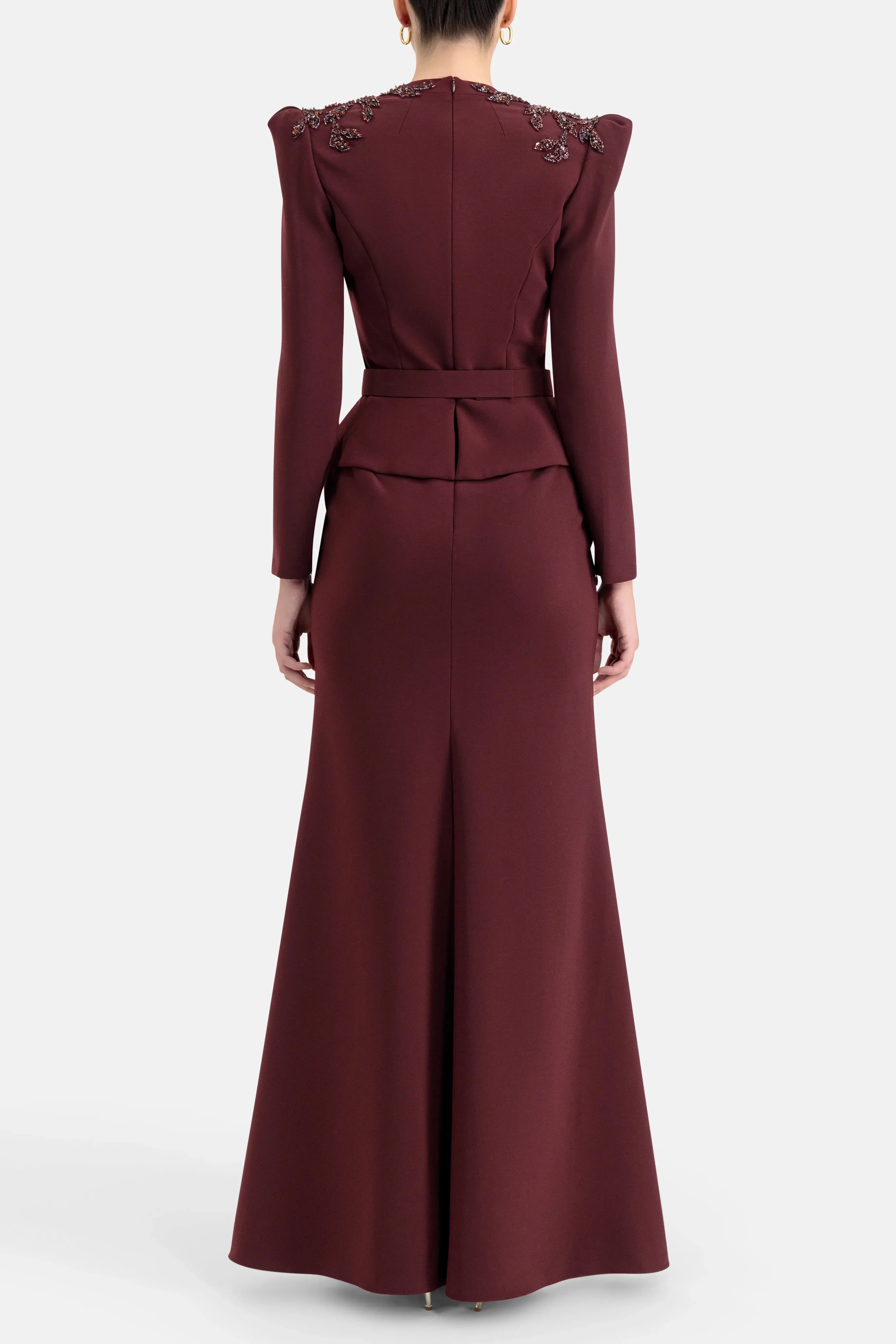 Jenny Packham Night Flowering Sequins Belted Evening Dress in Burgundy