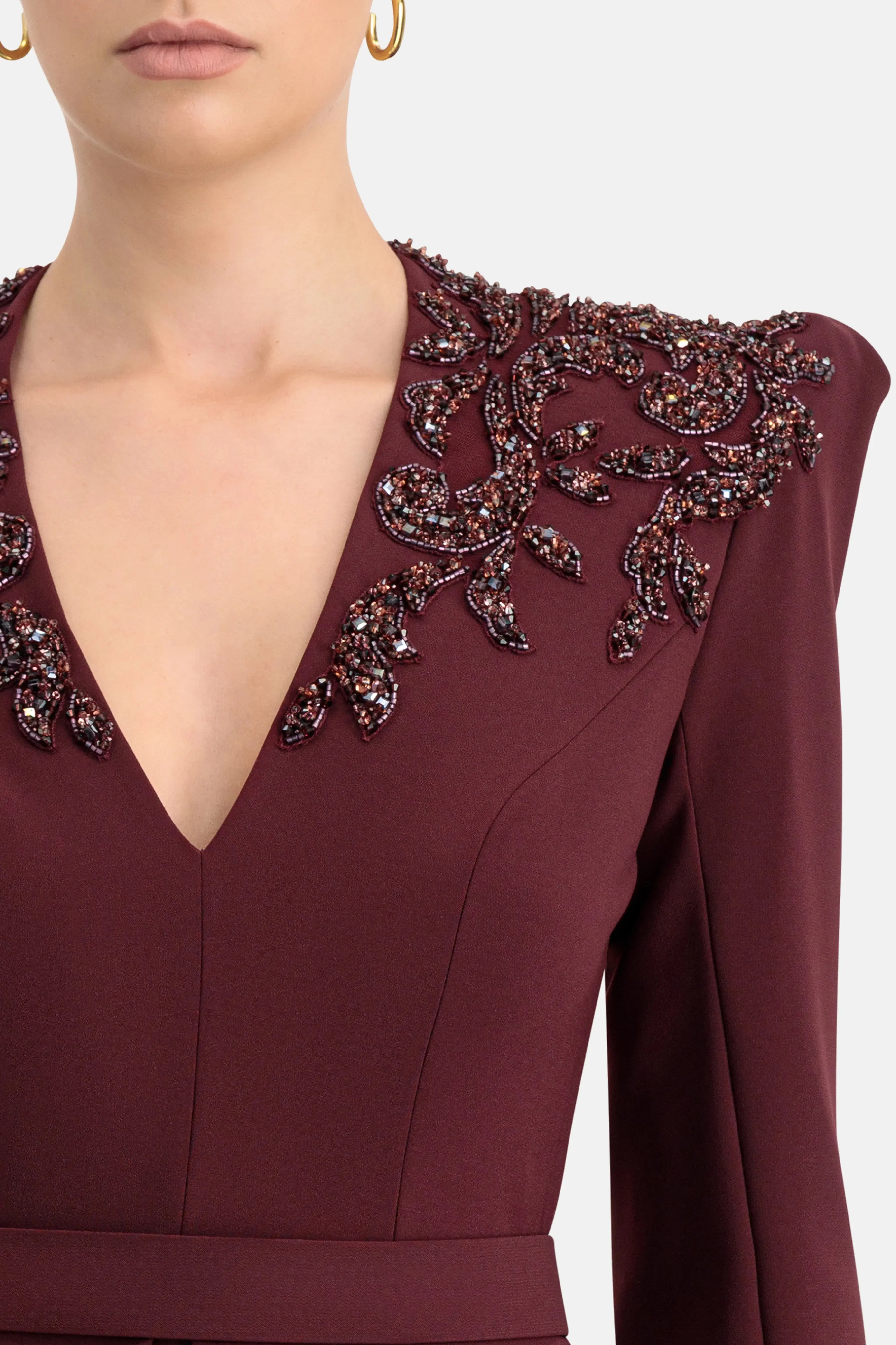 Jenny Packham Night Flowering Sequins Belted Evening Dress in Burgundy