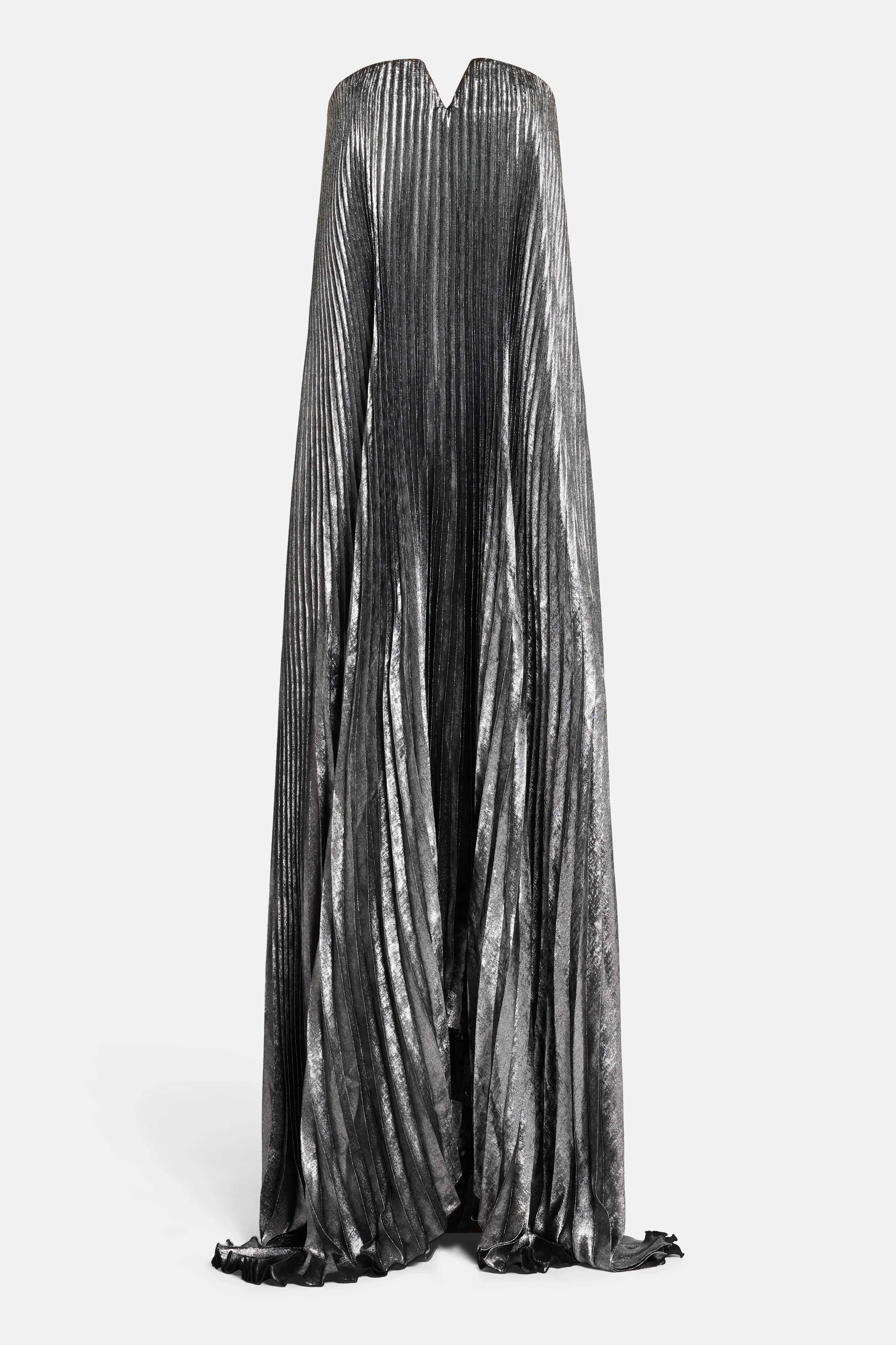 L'IDÉE Black Tie Pleated Evening Dress in Silver