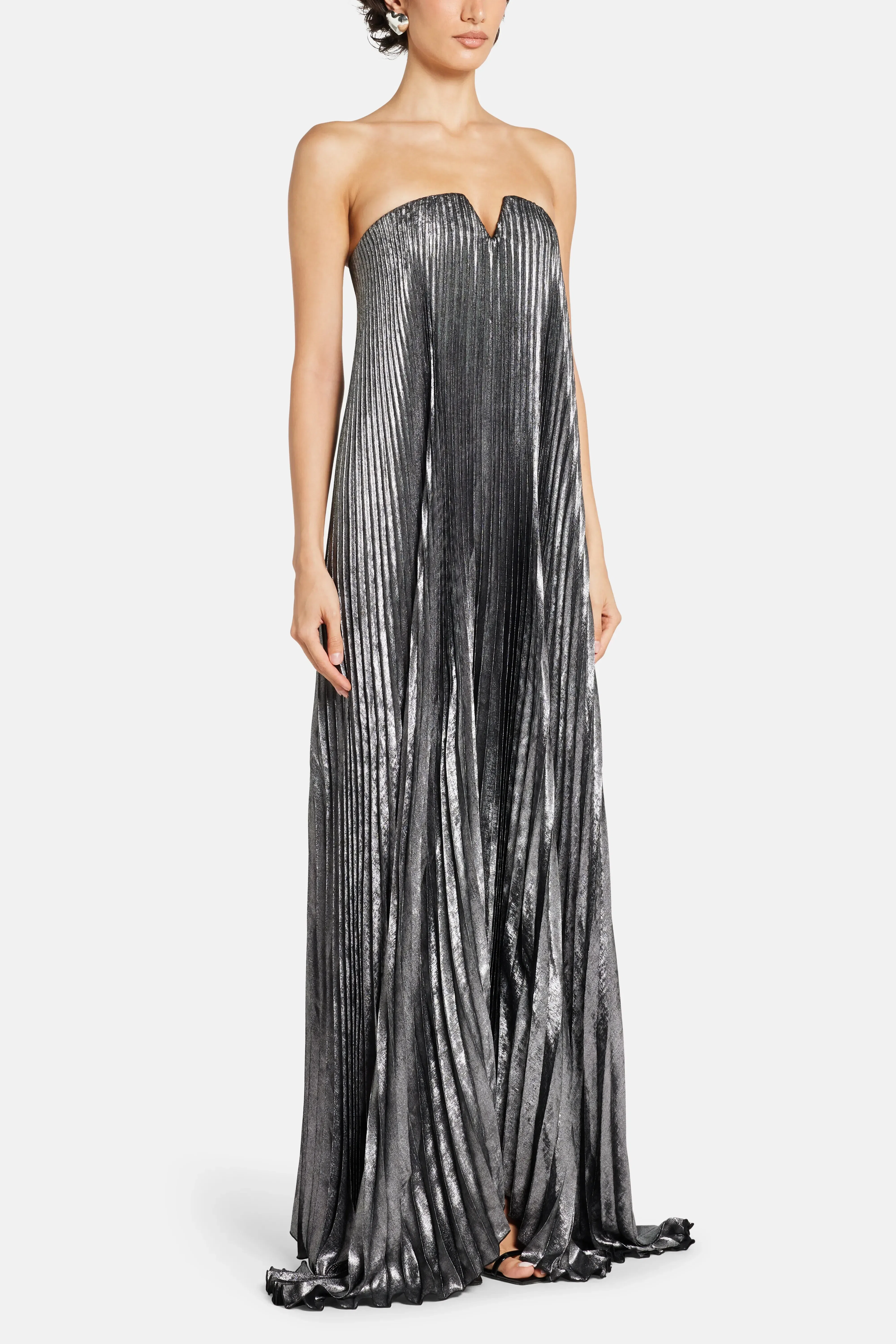 L'IDÉE Black Tie Pleated Evening Dress in Silver