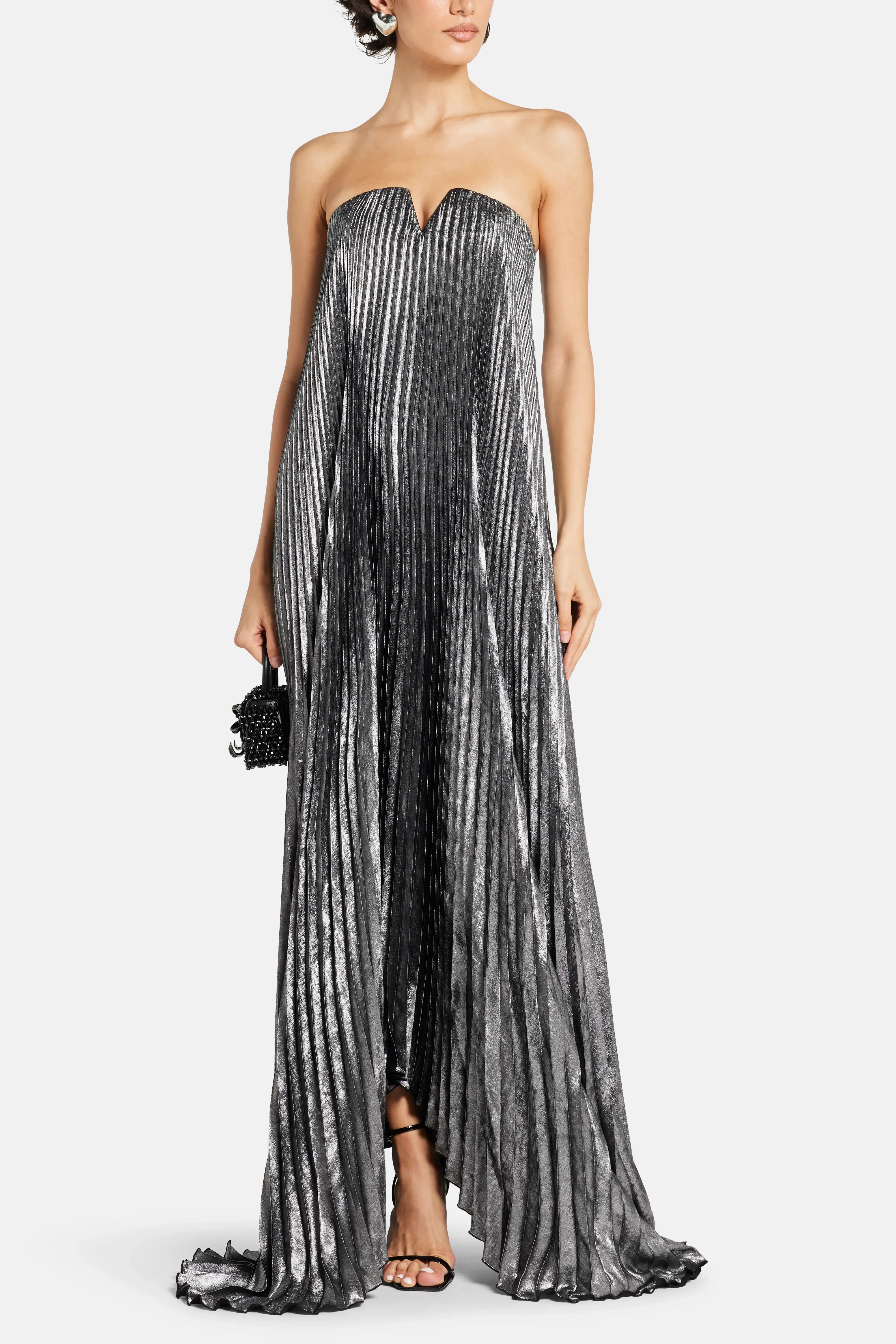 L'IDÉE Black Tie Pleated Evening Dress in Silver