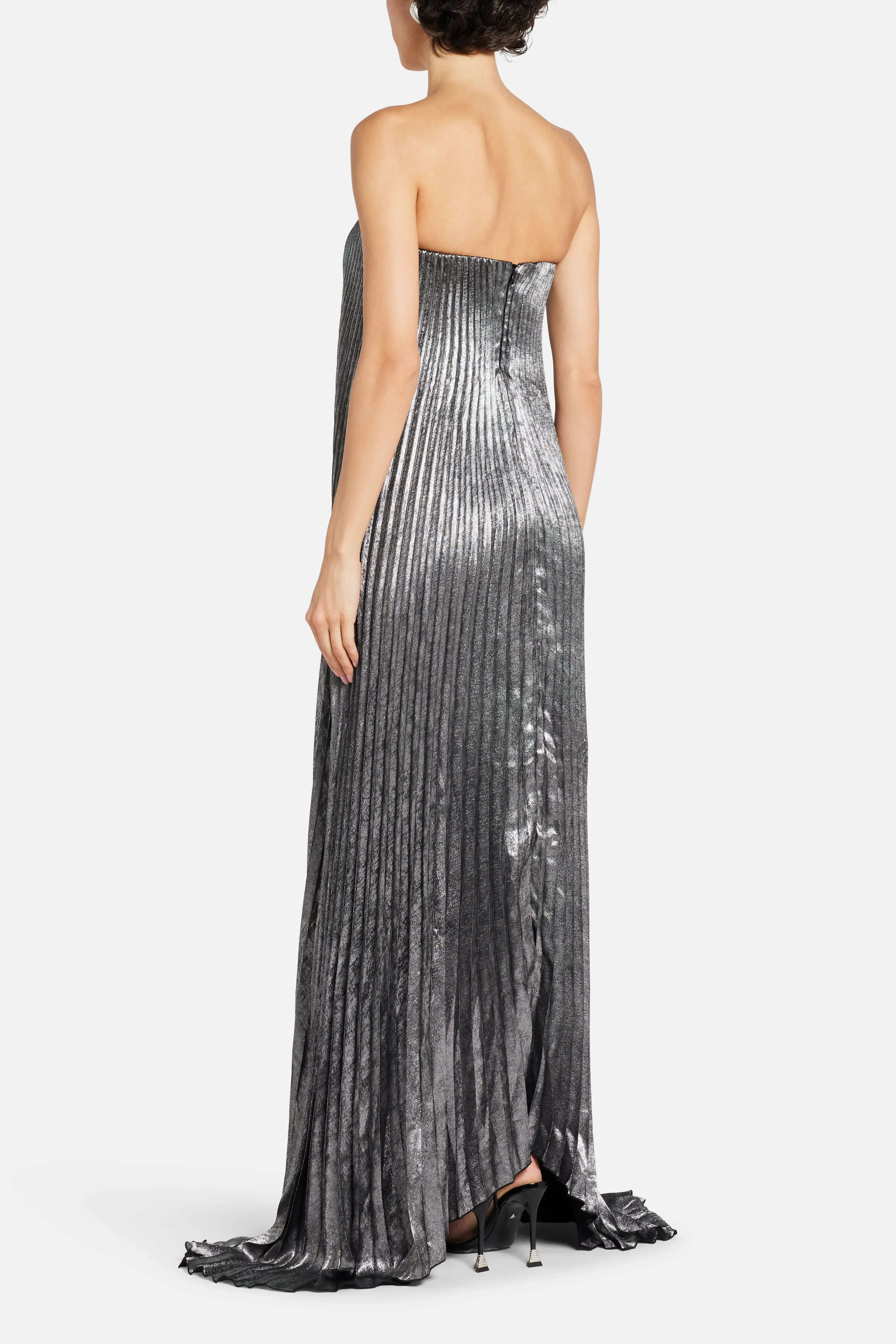 L'IDÉE Black Tie Pleated Evening Dress in Silver