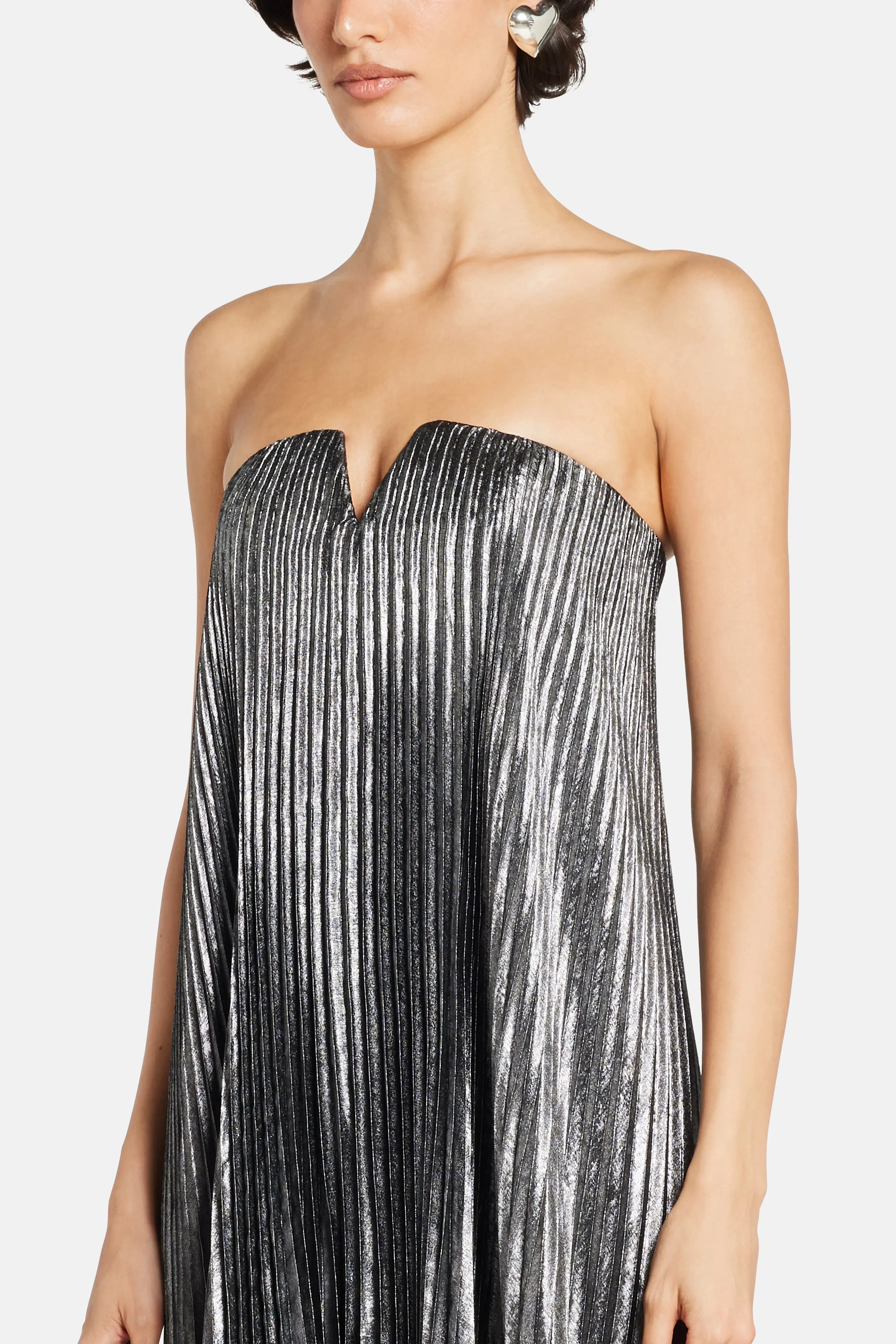 L'IDÉE Black Tie Pleated Evening Dress in Silver