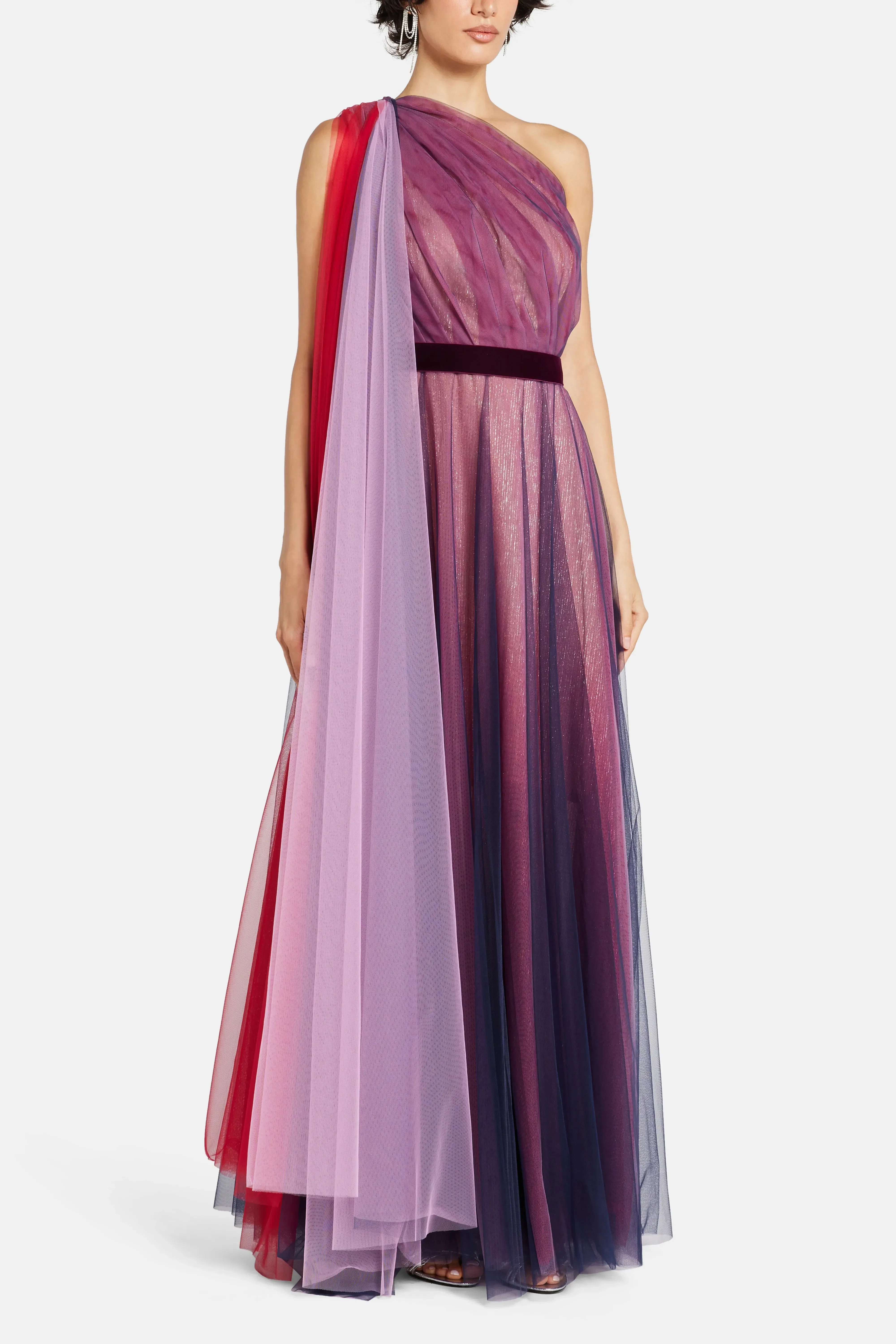 Talbot Runhof Tulle Midnight One Shoulder Evening Dress in Blue