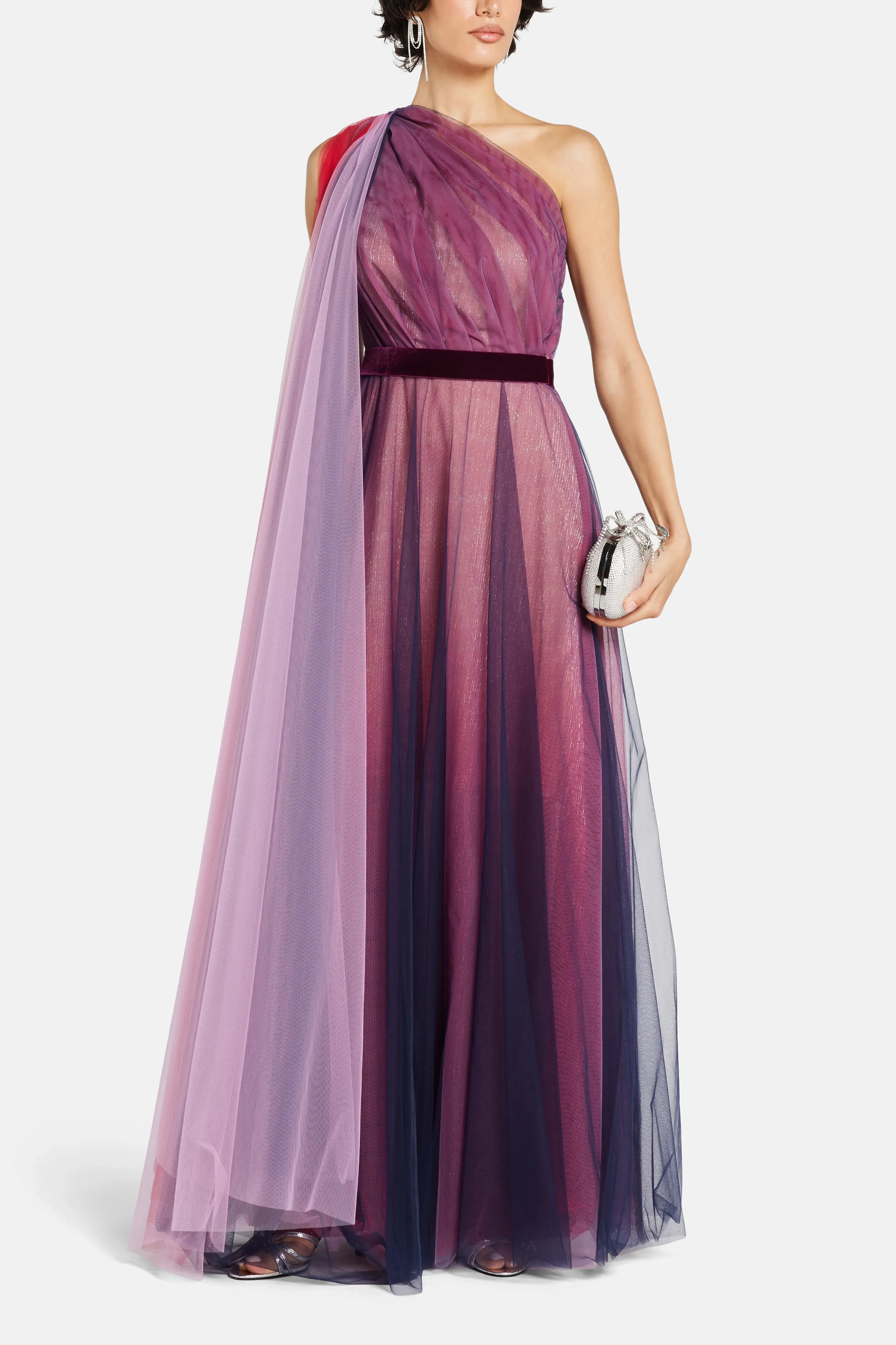 Talbot Runhof Tulle Midnight One Shoulder Evening Dress in Blue