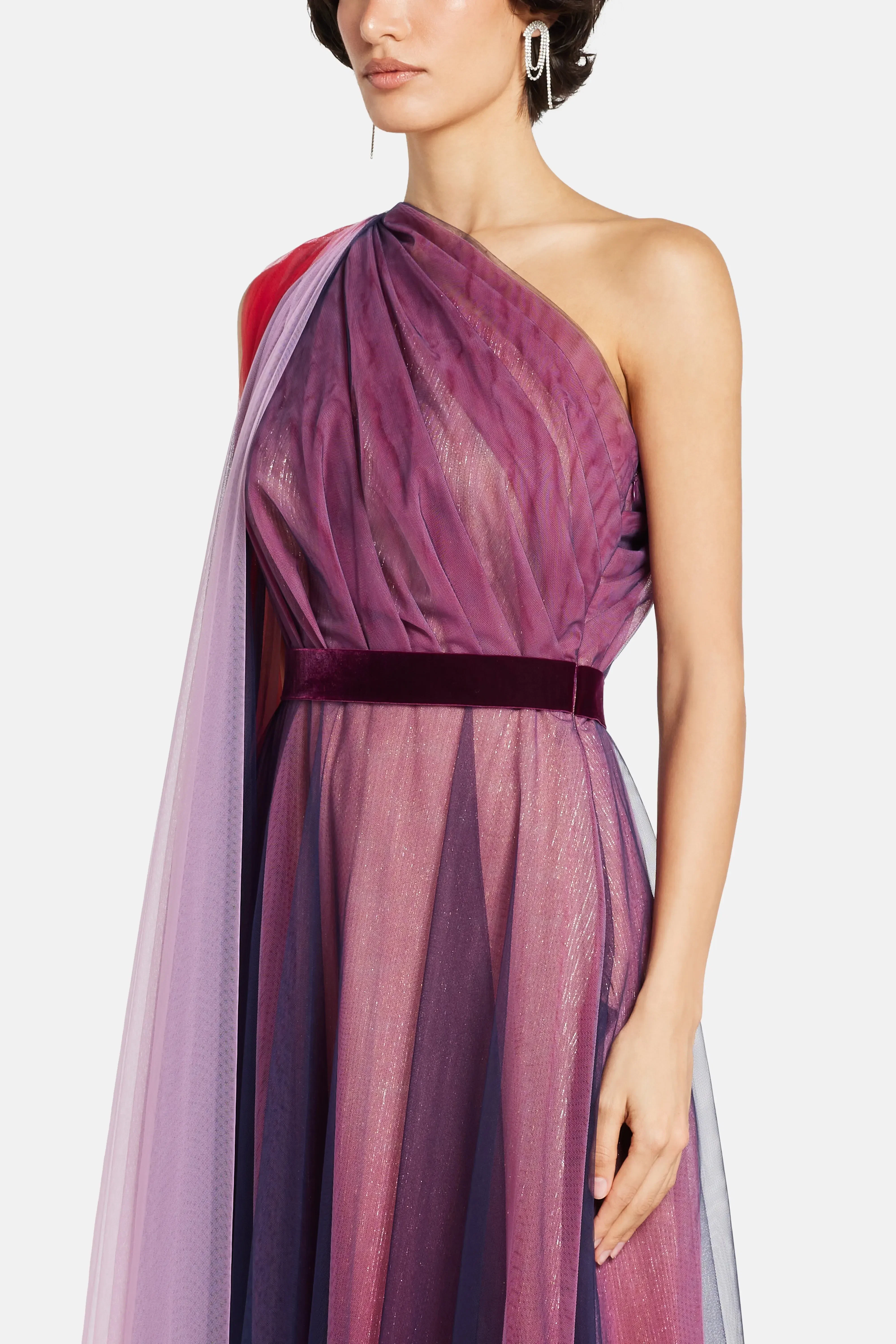 Talbot Runhof Tulle Midnight One Shoulder Evening Dress in Blue