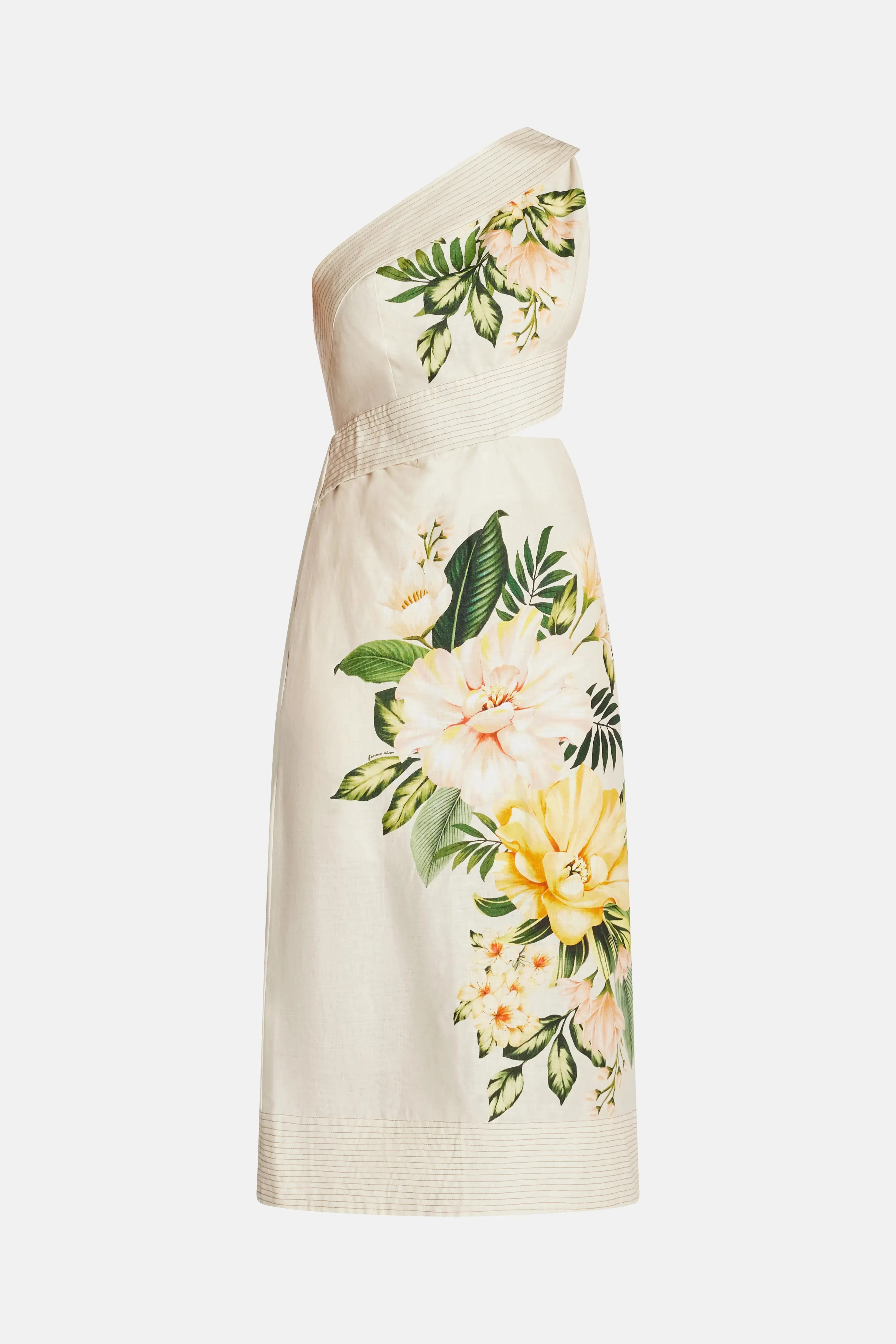 FARM Rio Garden Cascade One Shoulder Floral Linen Midi Dress In White