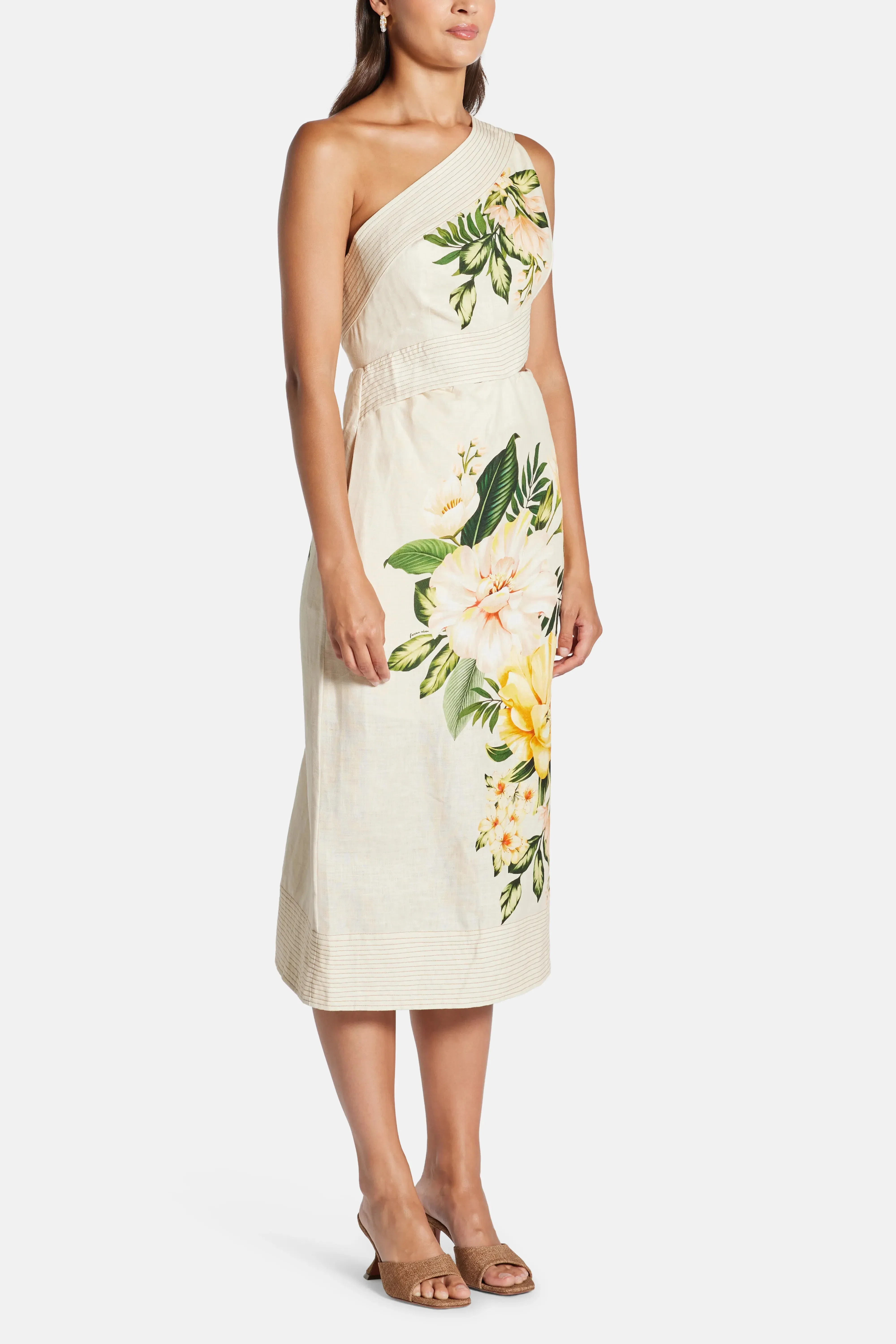FARM Rio Garden Cascade One Shoulder Floral Linen Midi Dress In White