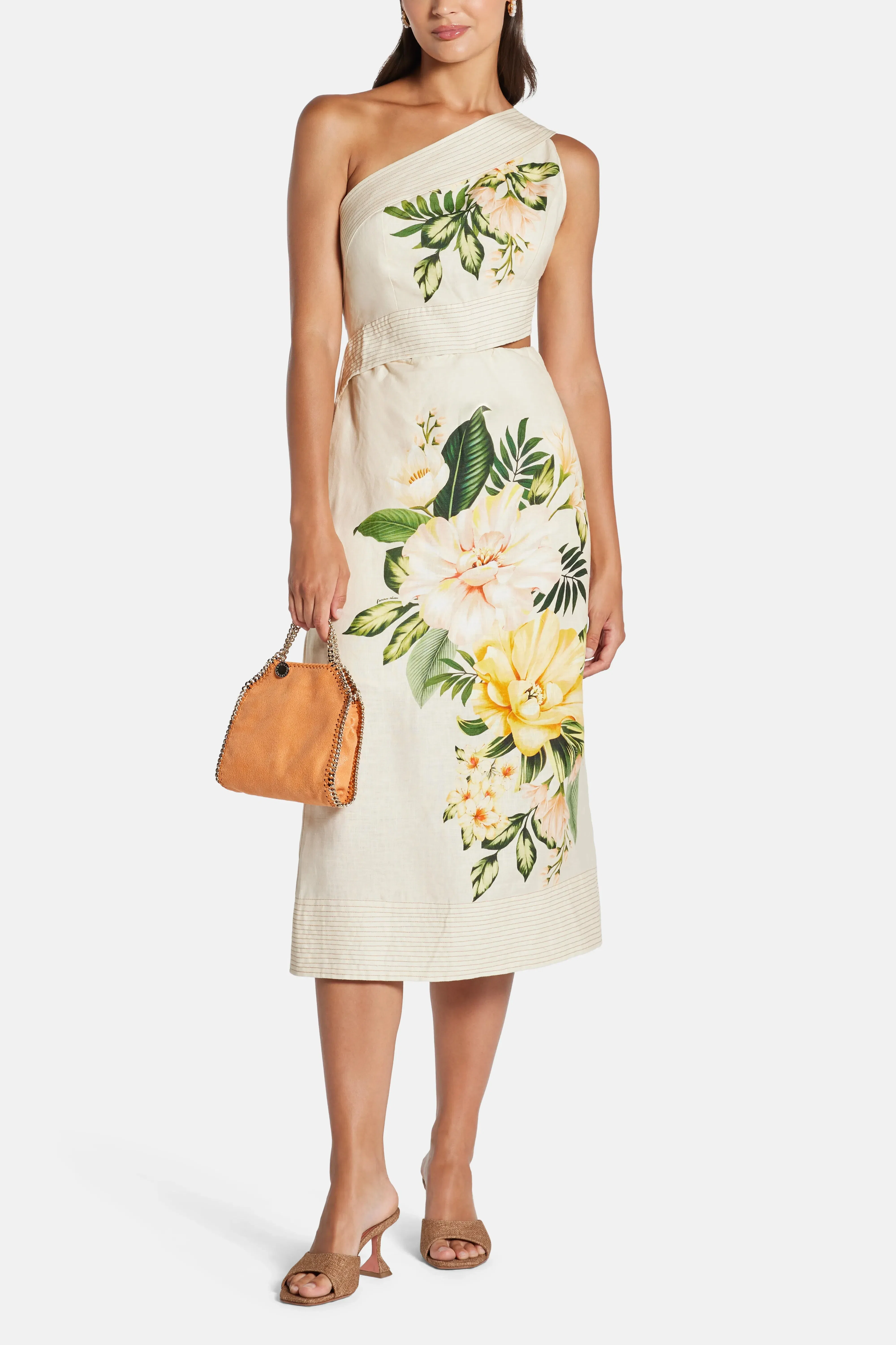 FARM Rio Garden Cascade One Shoulder Floral Linen Midi Dress In White