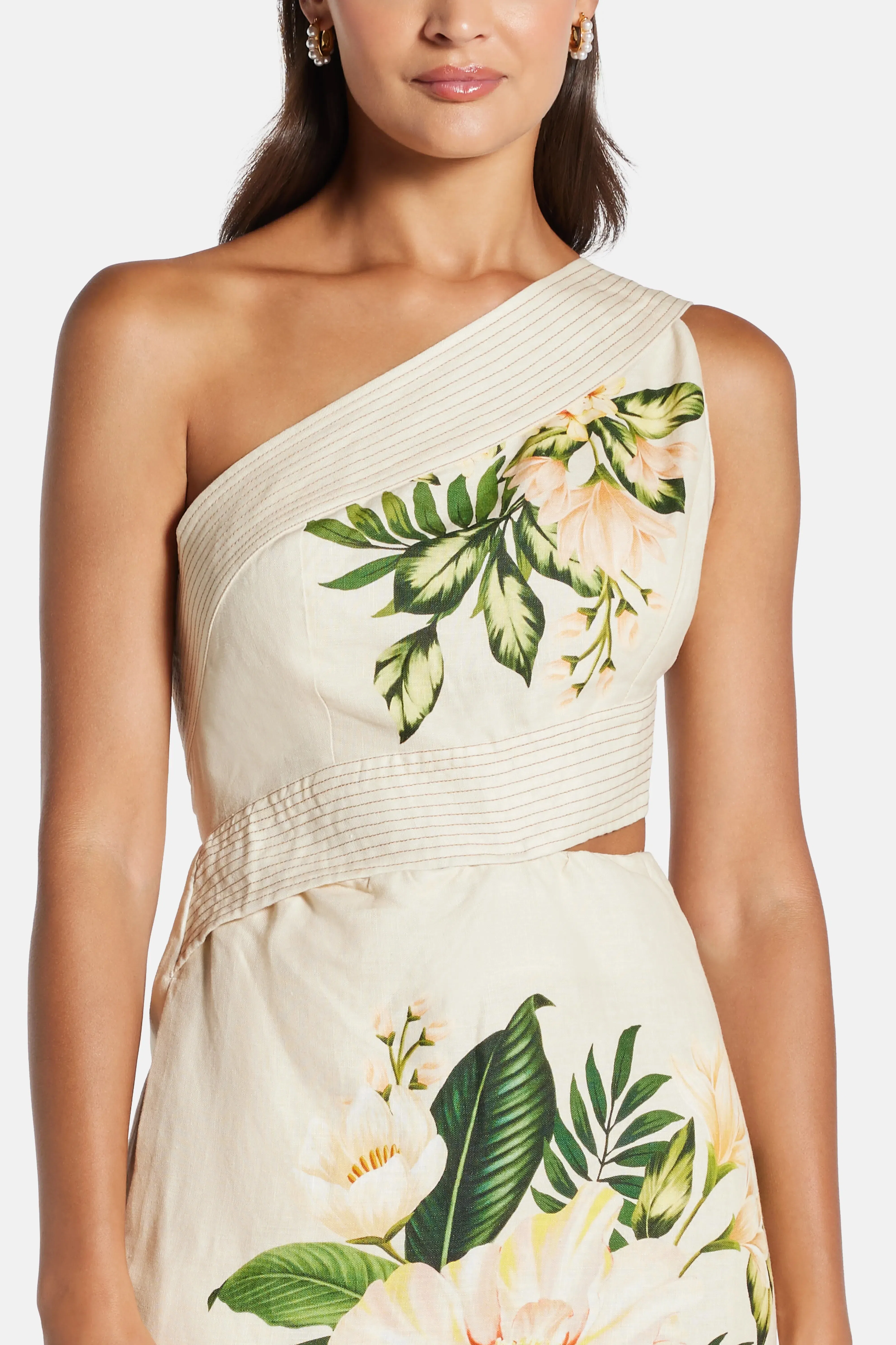 FARM Rio Garden Cascade One Shoulder Floral Linen Midi Dress In White
