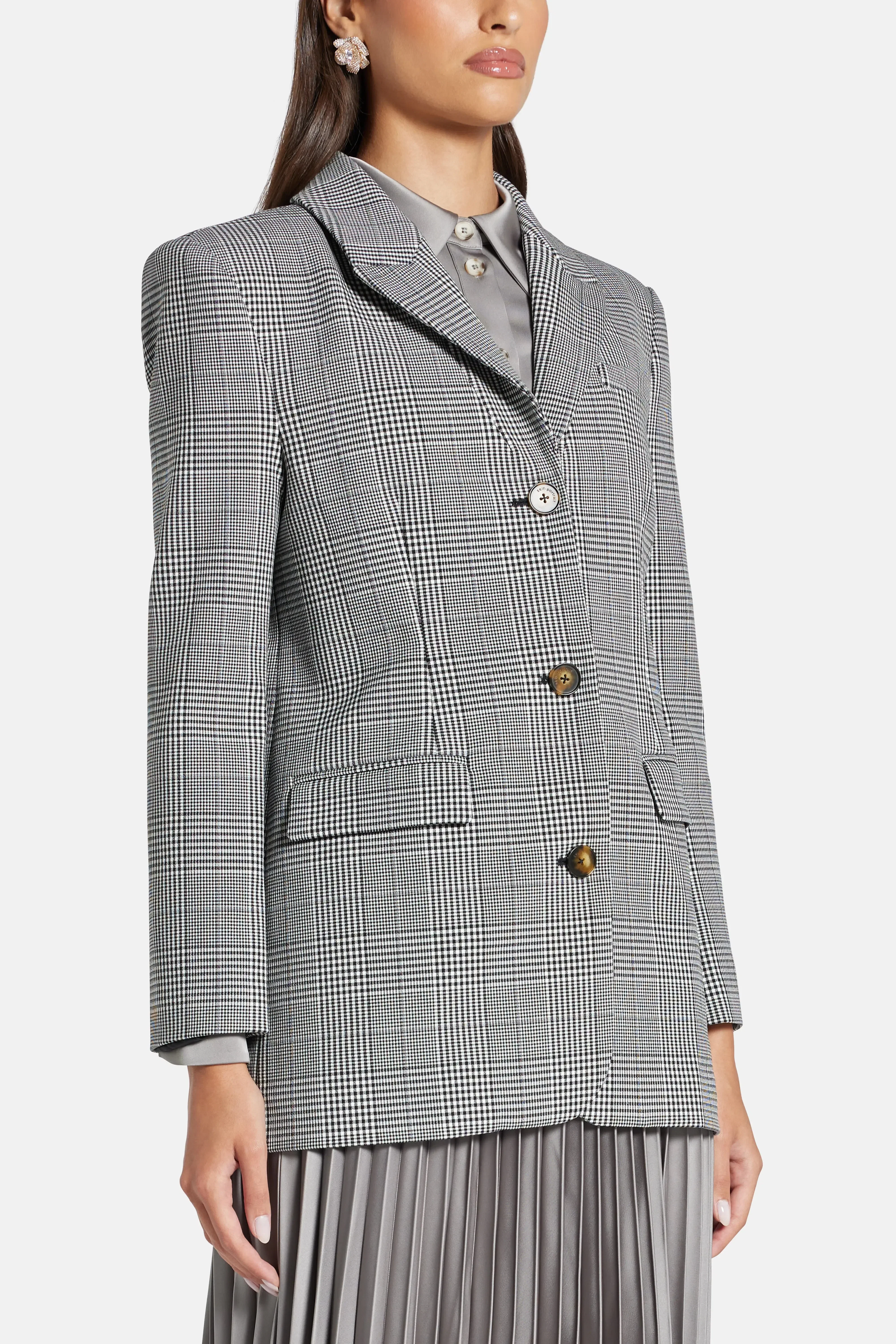 Self-Portrait Prince Of Wales Check Single Breasted Blazer in Grey