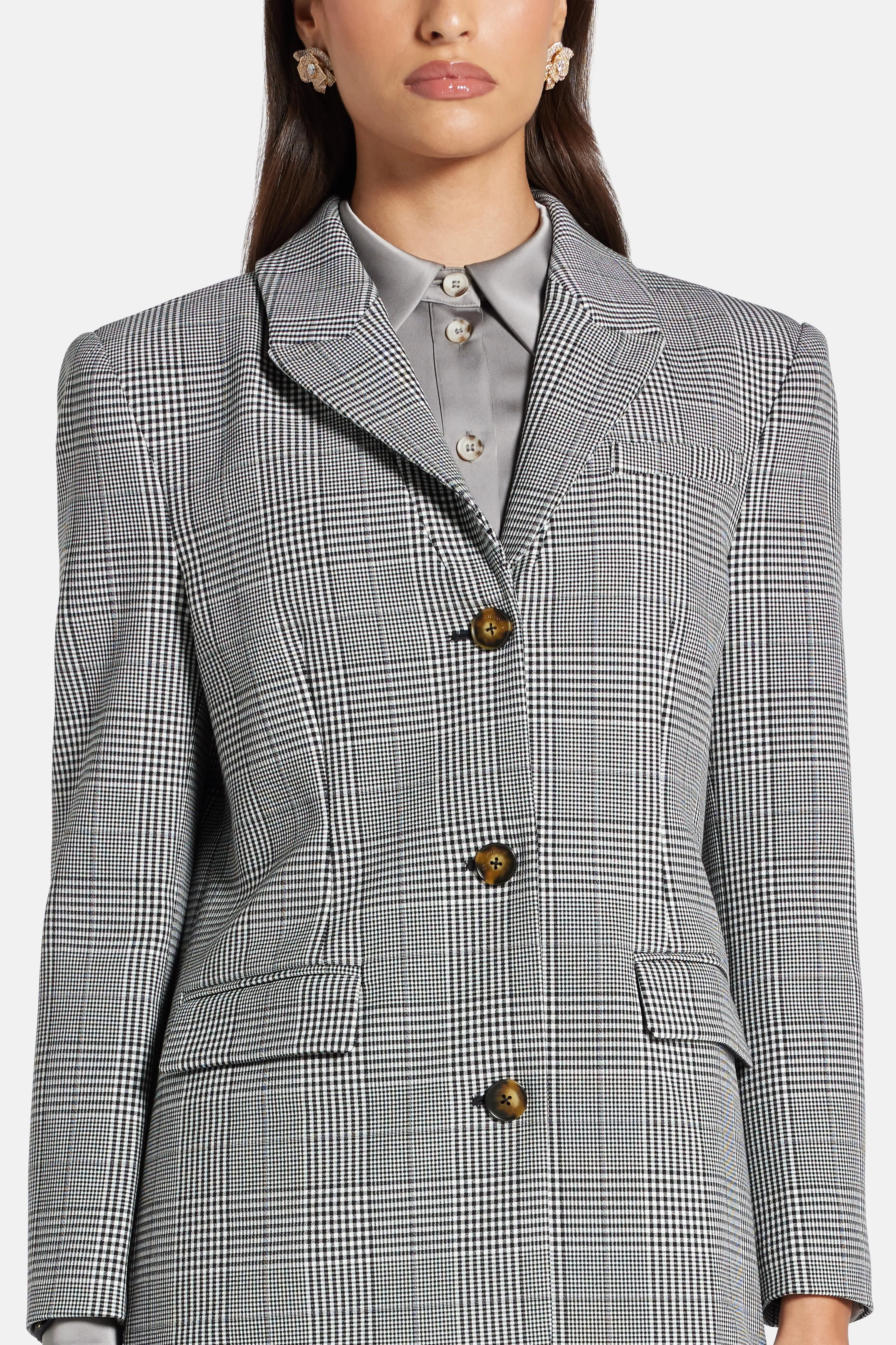 Self-Portrait Prince Of Wales Check Single Breasted Blazer in Grey