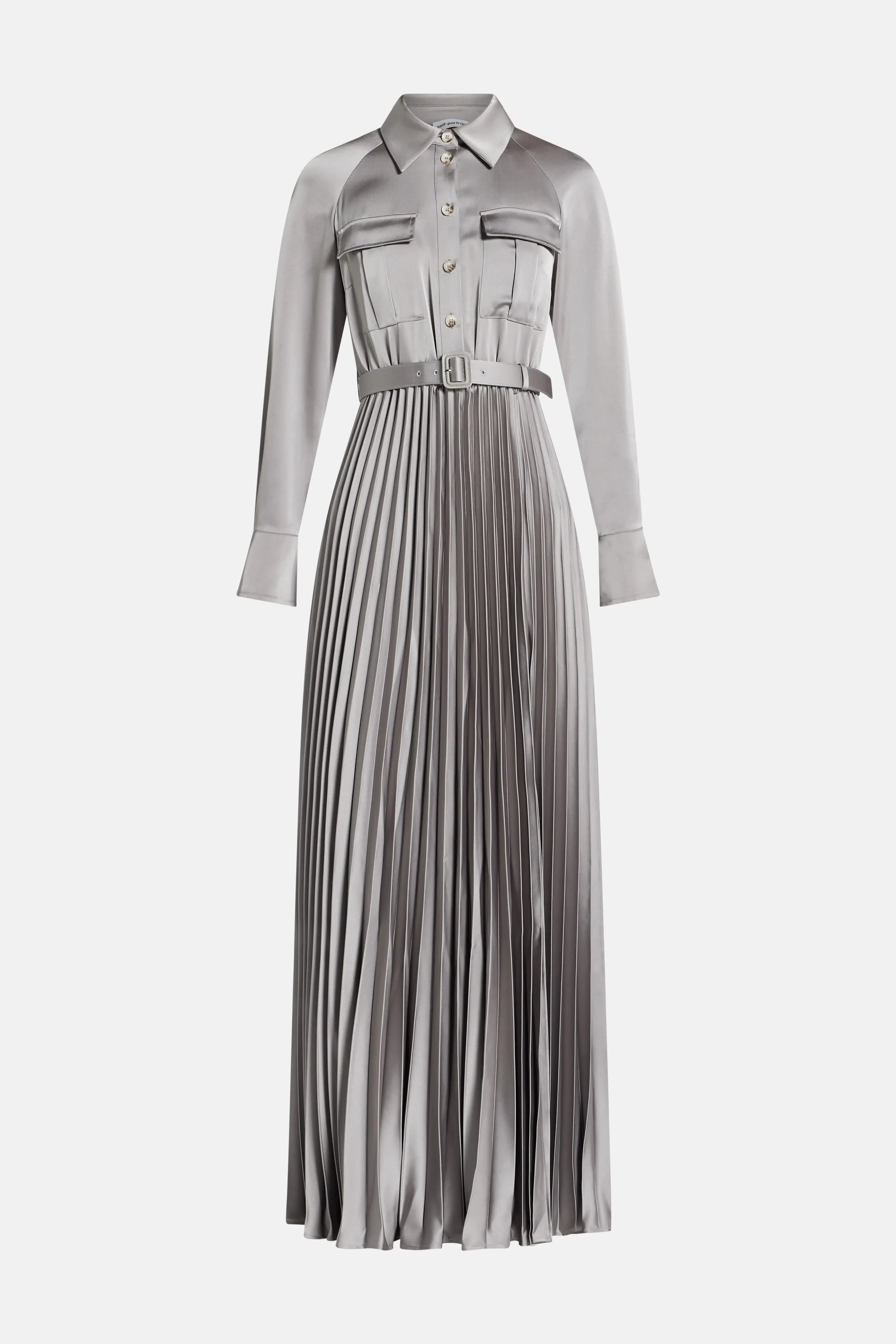 Self-Portrait Satin Pleated Maxi Dress in Grey