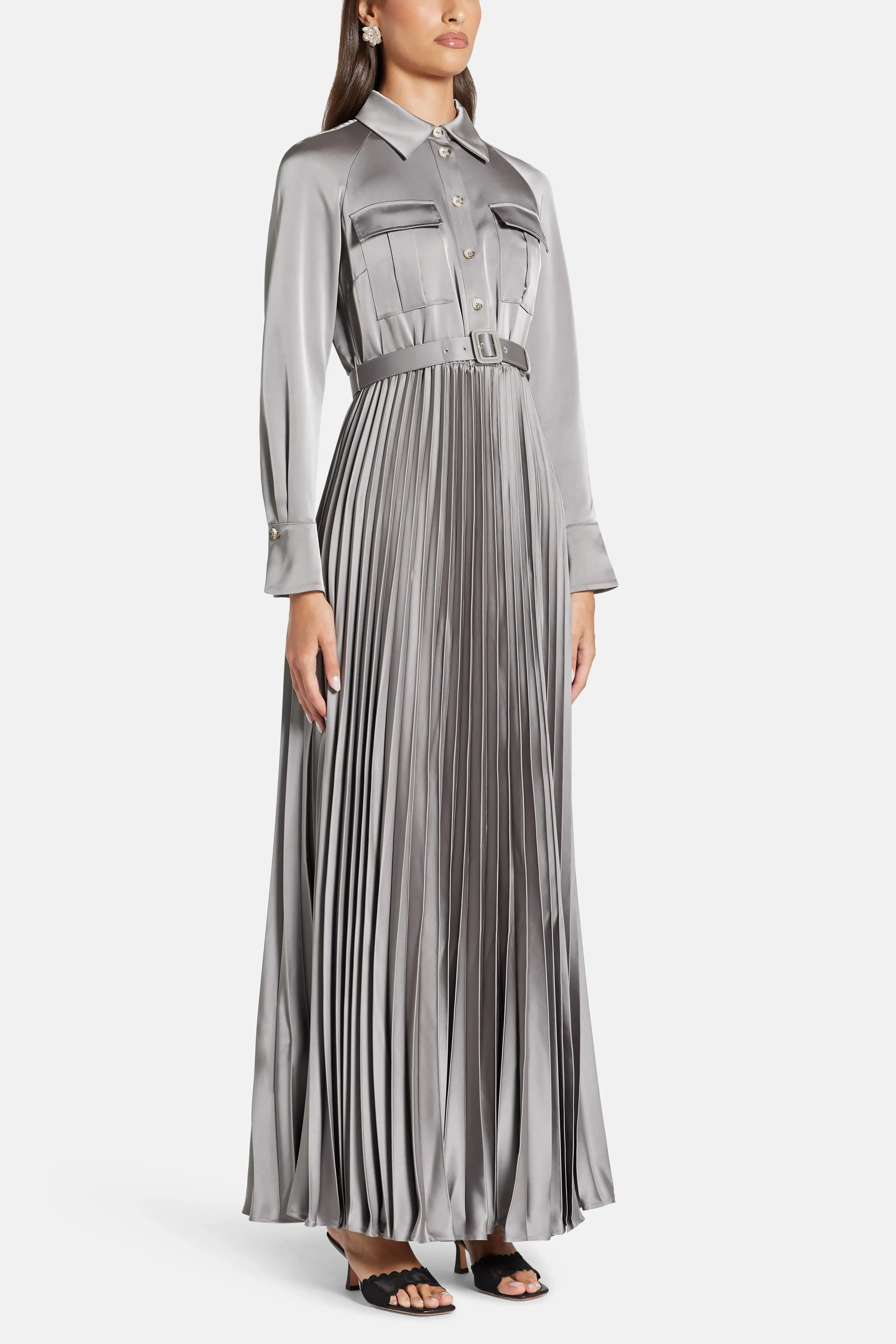 Self-Portrait Satin Pleated Maxi Dress in Grey