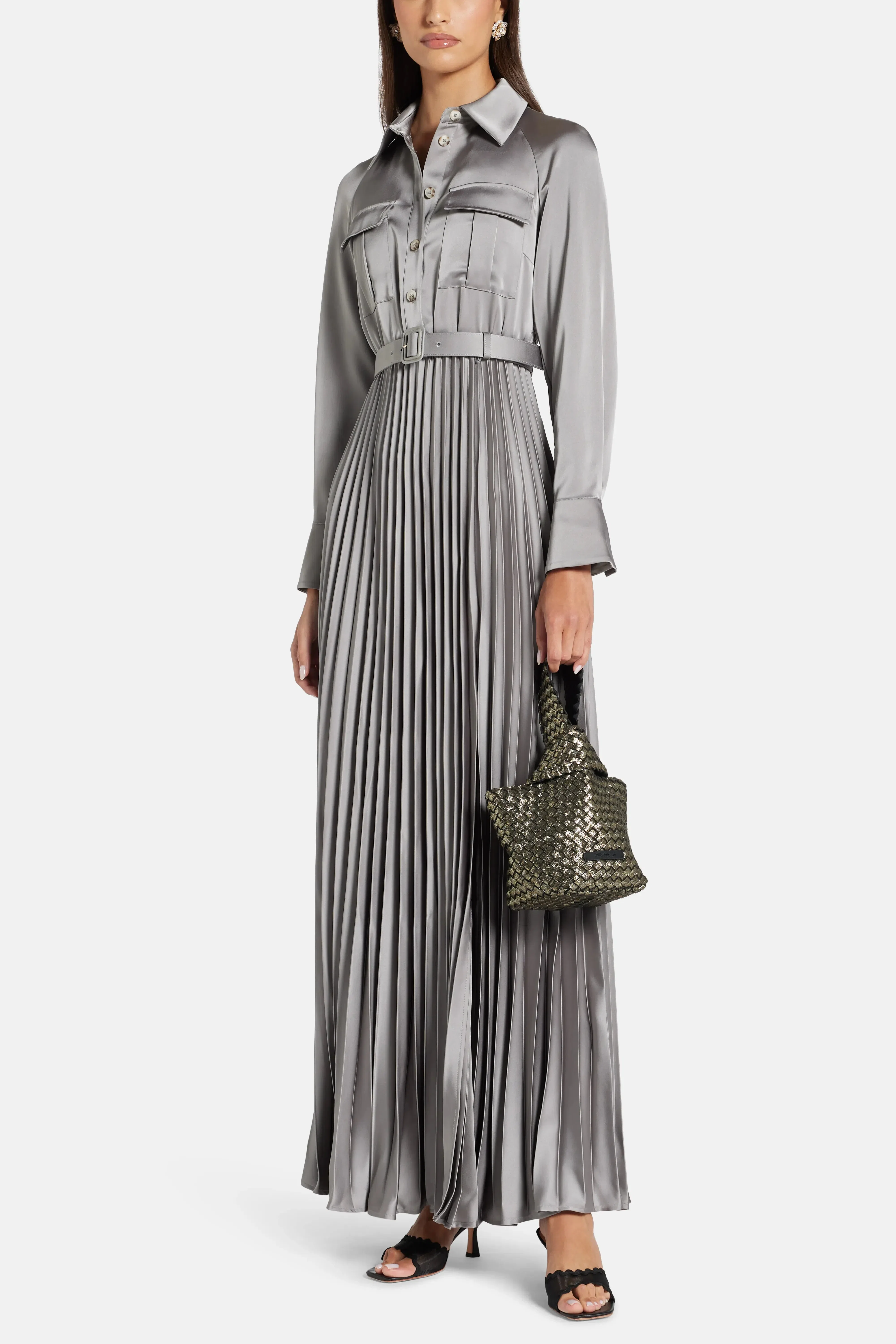 Self-Portrait Satin Pleated Maxi Dress in Grey