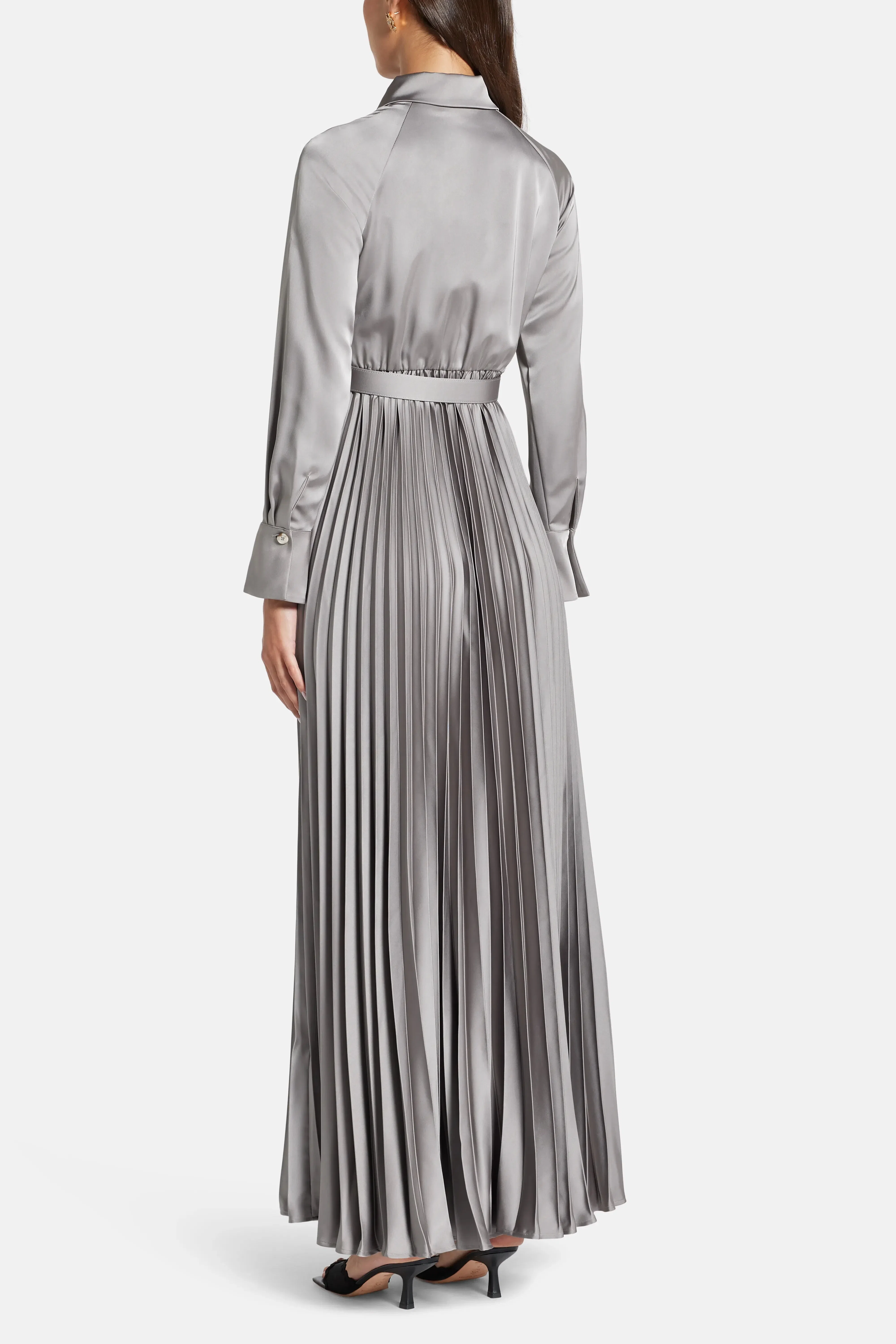 Self-Portrait Satin Pleated Maxi Dress in Grey