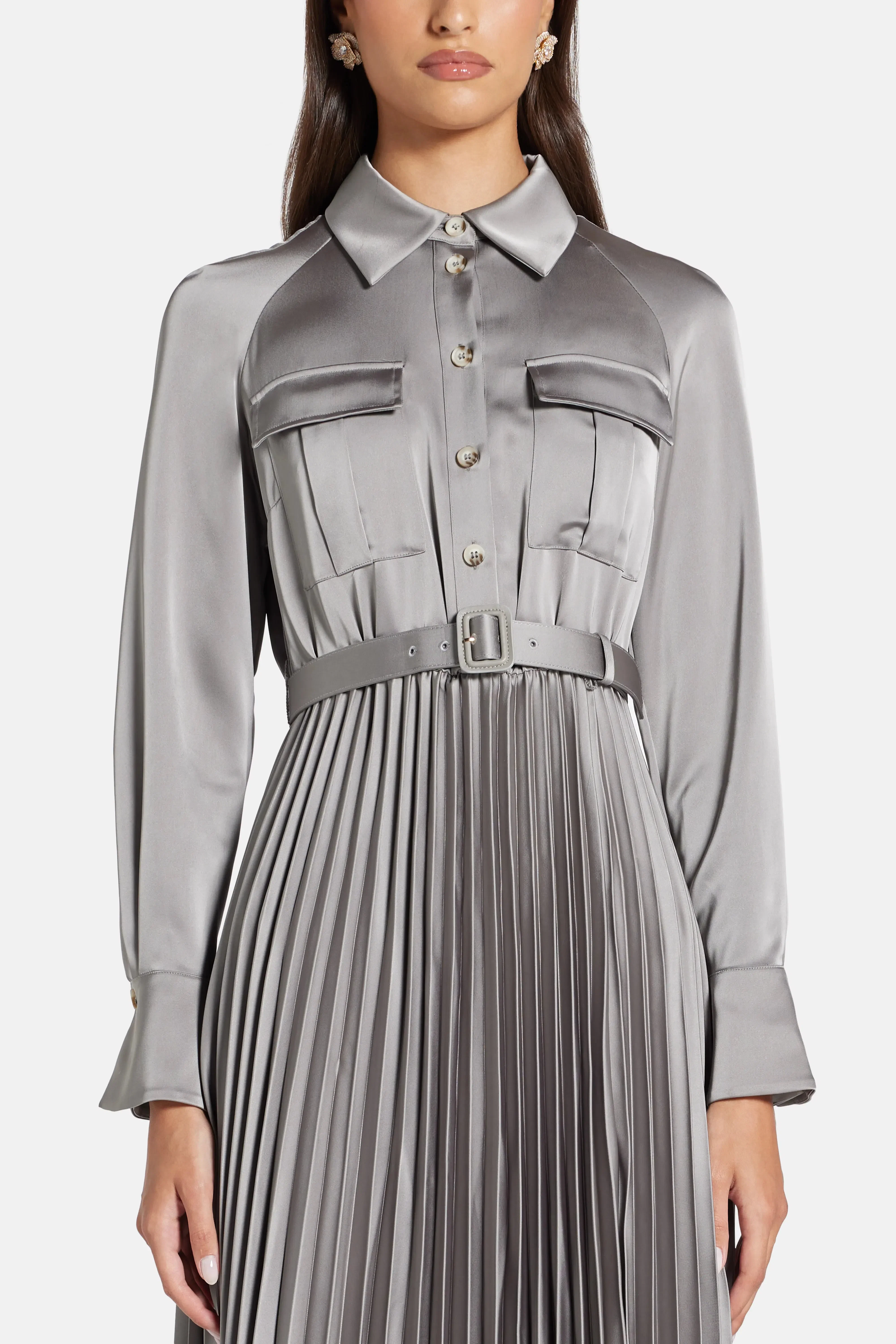 Self-Portrait Satin Pleated Maxi Dress in Grey