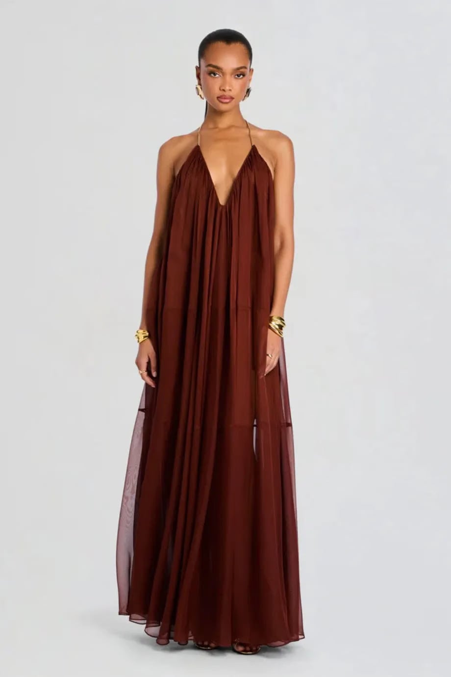 Retrofete Arlet V Neck Chiffon Maxi Dress in Brown