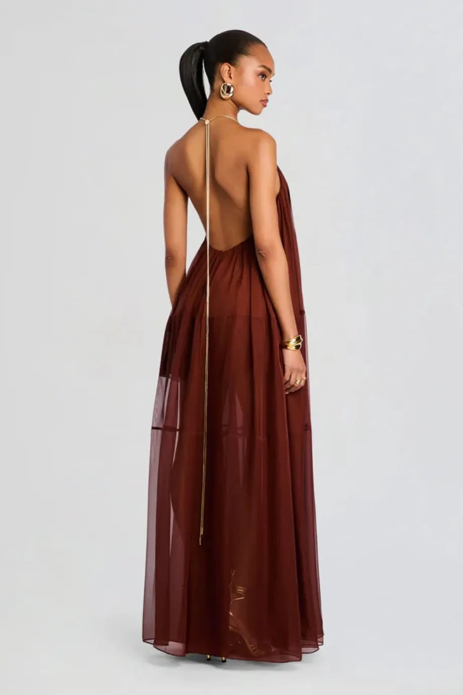Retrofete Arlet V Neck Chiffon Maxi Dress in Brown