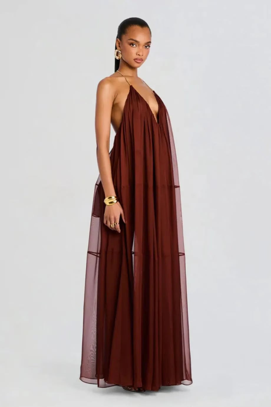Retrofete Arlet V Neck Chiffon Maxi Dress in Brown