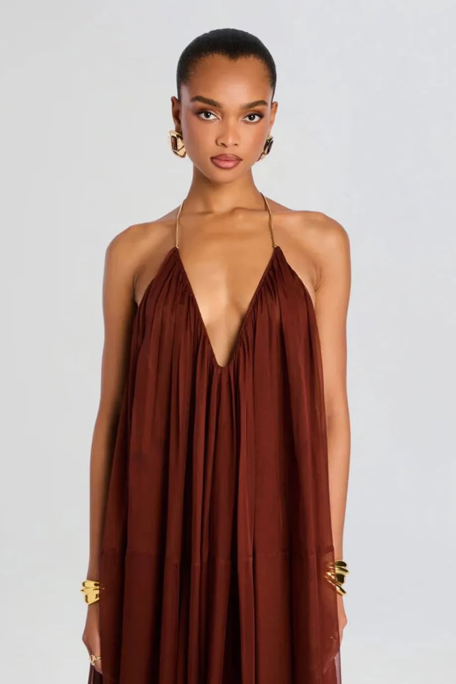 Retrofete Arlet V Neck Chiffon Maxi Dress in Brown