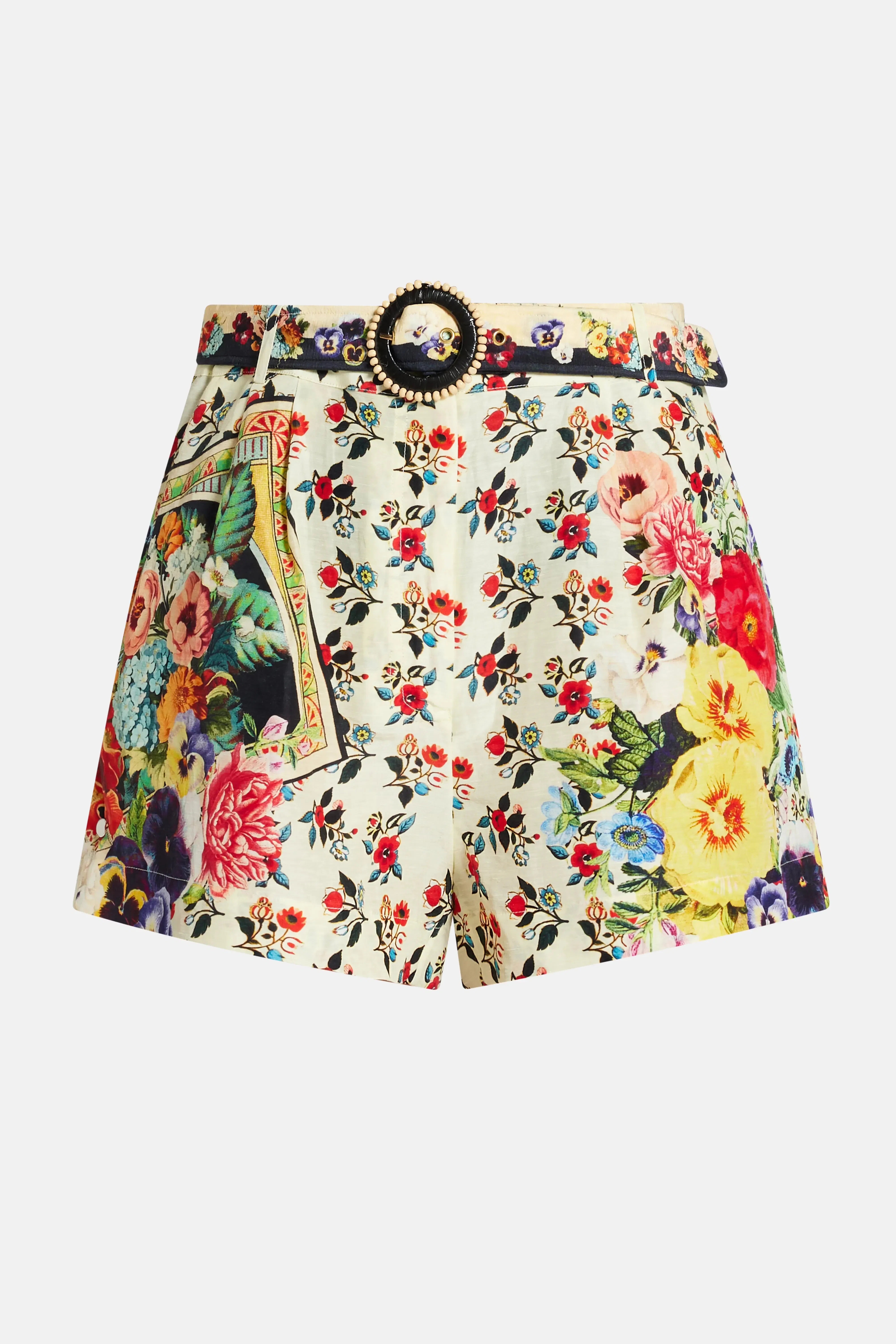 Camilla Floral Belted Tuck Front Linen And Silk Shorts in Red