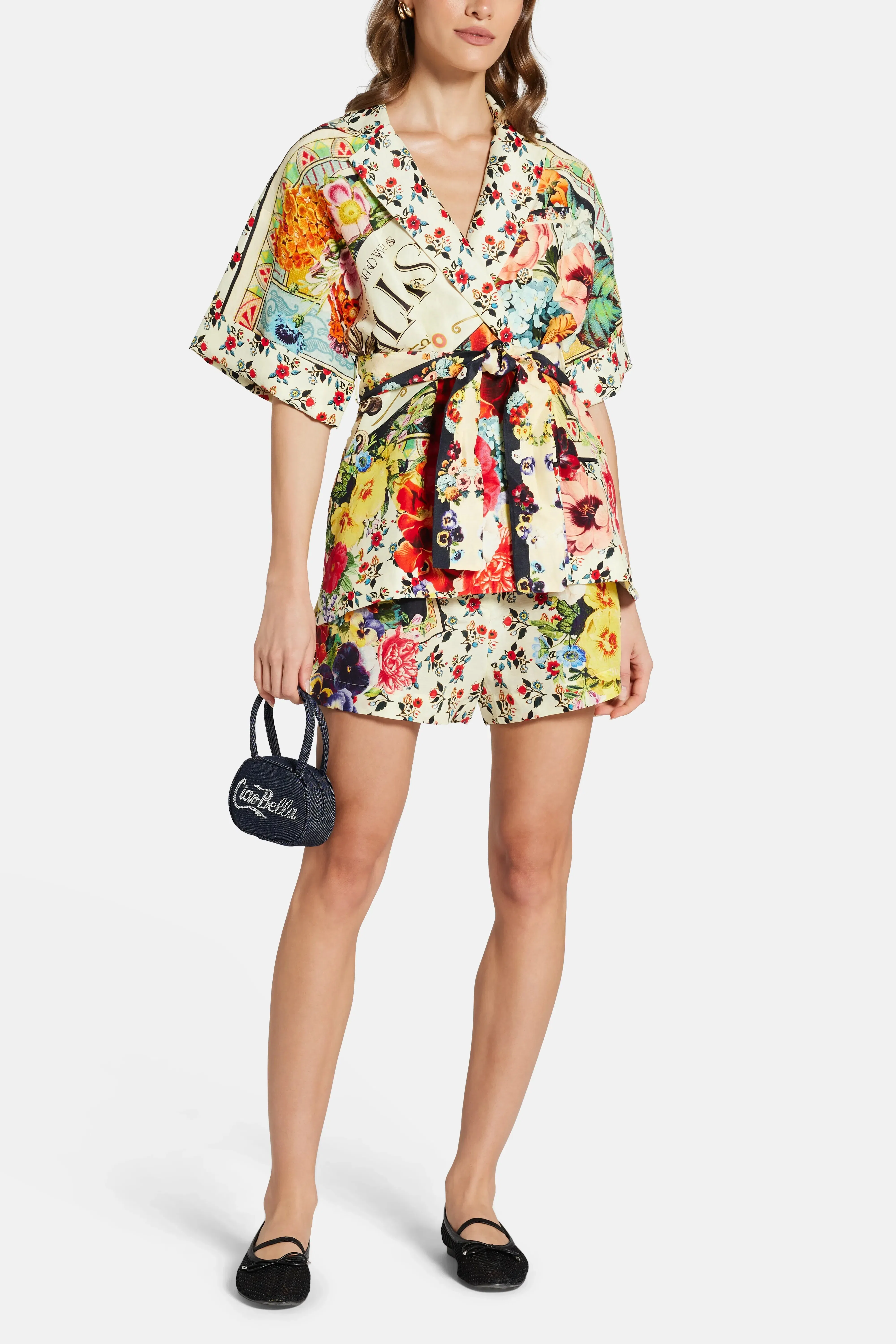 Camilla Floral Belted Tuck Front Linen And Silk Shorts in Red