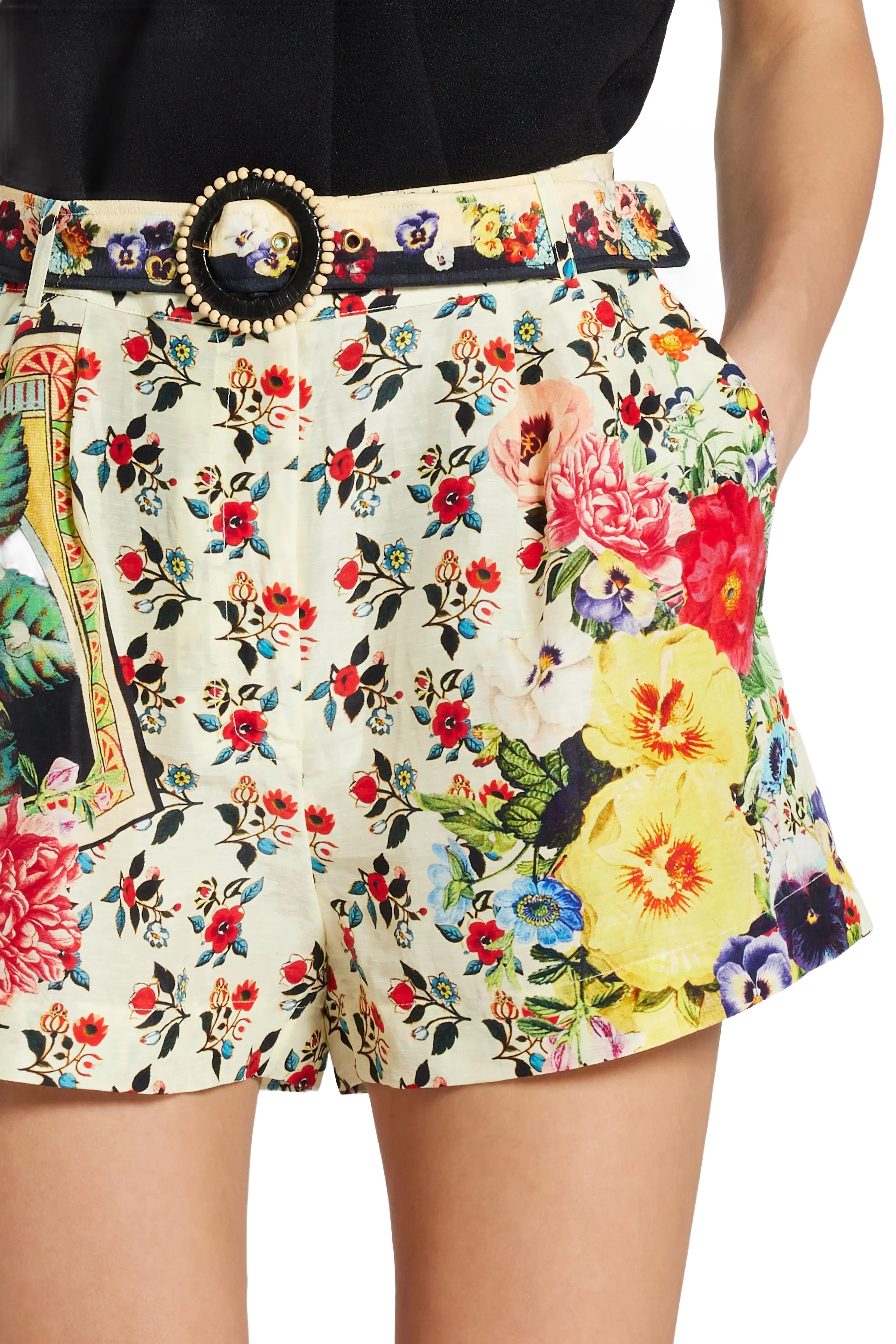 Camilla Floral Belted Tuck Front Linen And Silk Shorts in Red