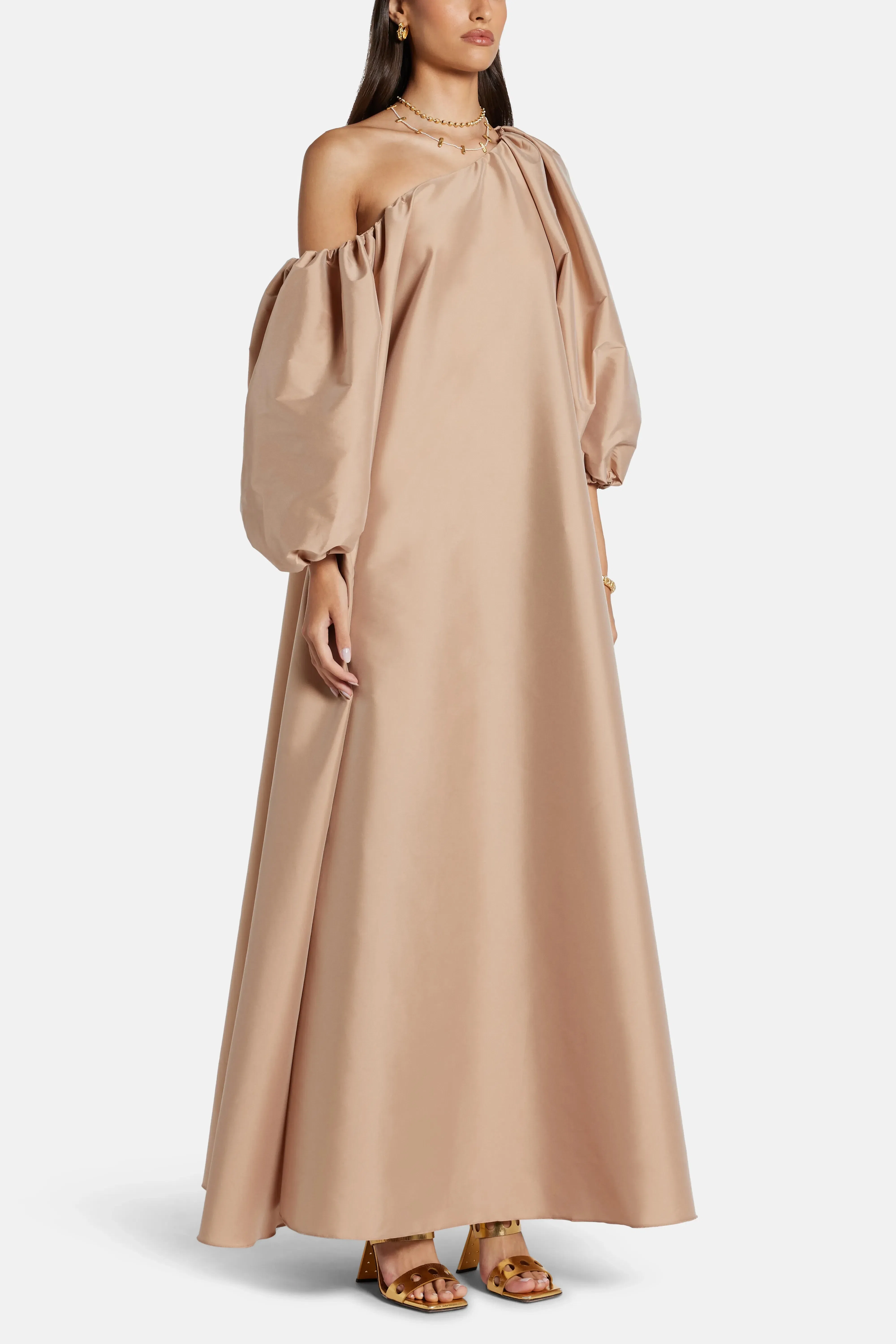 Bernadette Nathalie One Shoulder Puff Sleeves Maxi Dress in Beige