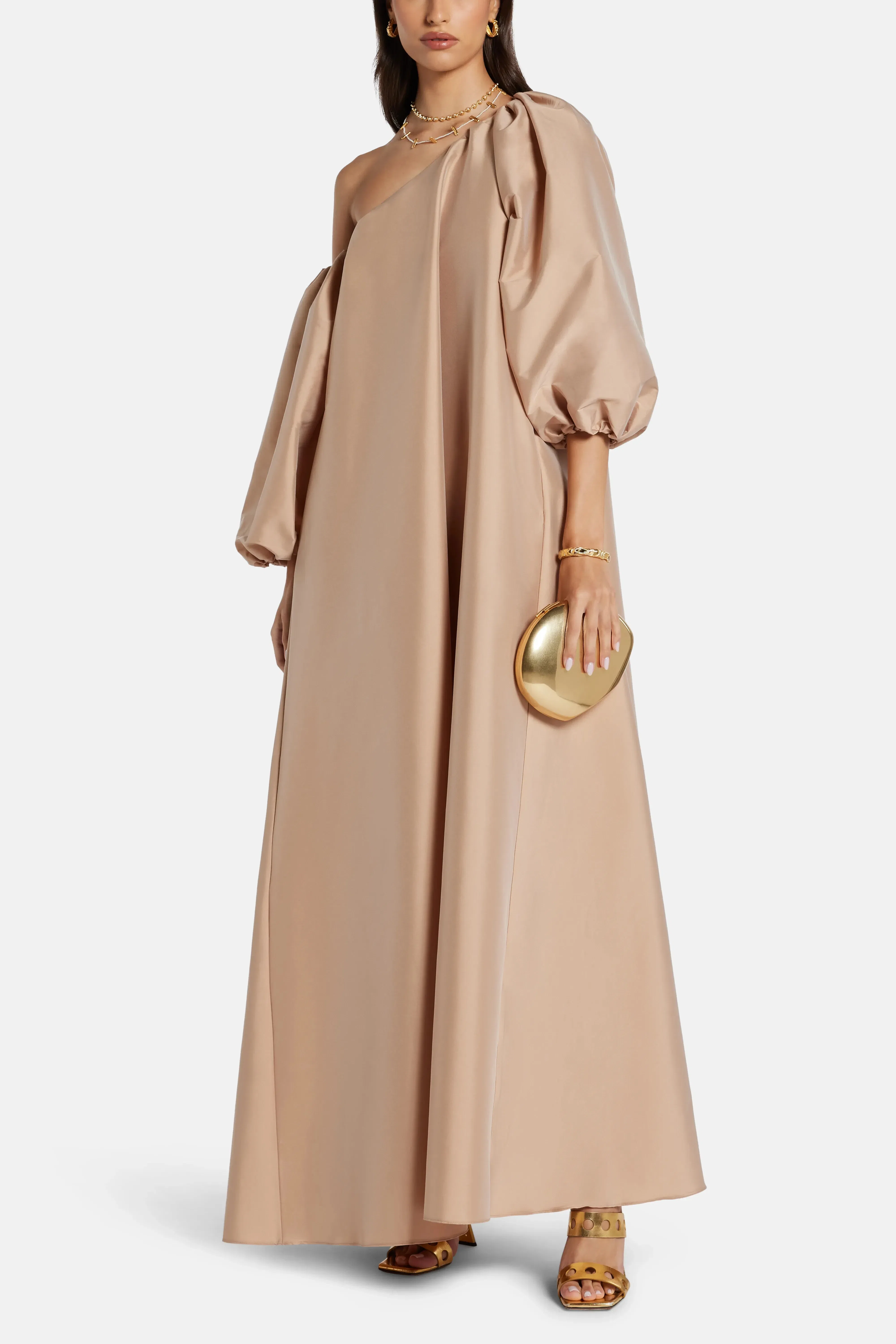 Bernadette Nathalie One Shoulder Puff Sleeves Maxi Dress in Beige